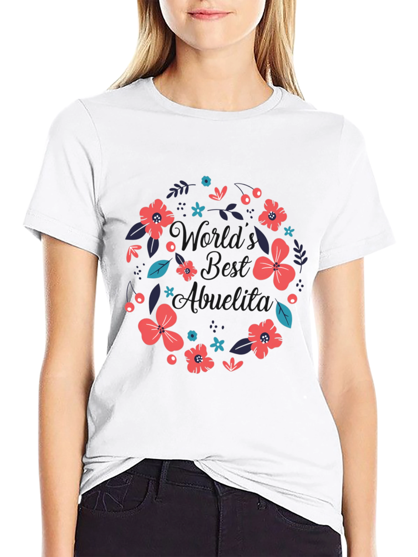 Worlds Best Abuelita Floral Wreath Black T-Shirt