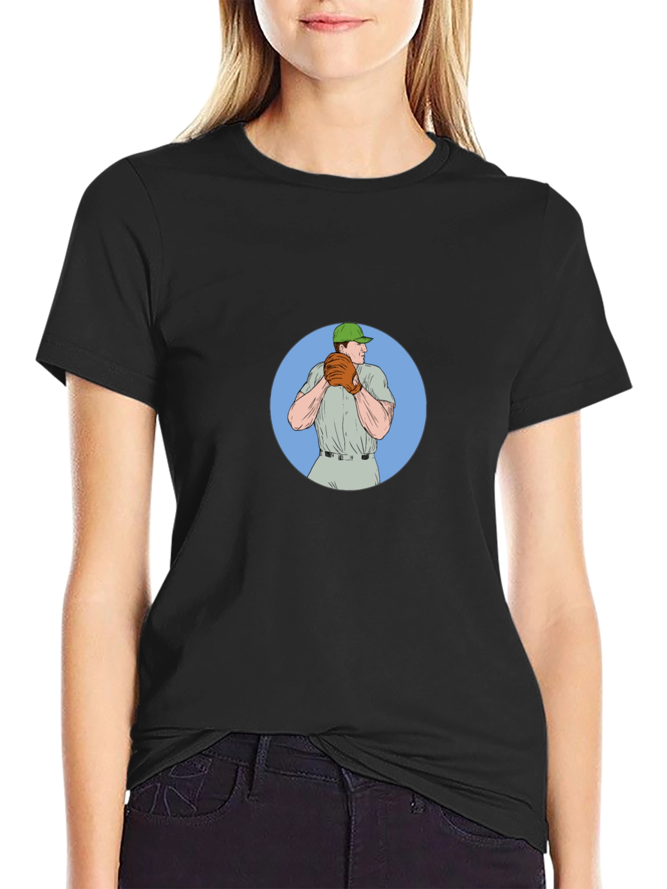 Baseball Pitcher Graphic Tee - Black Cotton T-Shirt