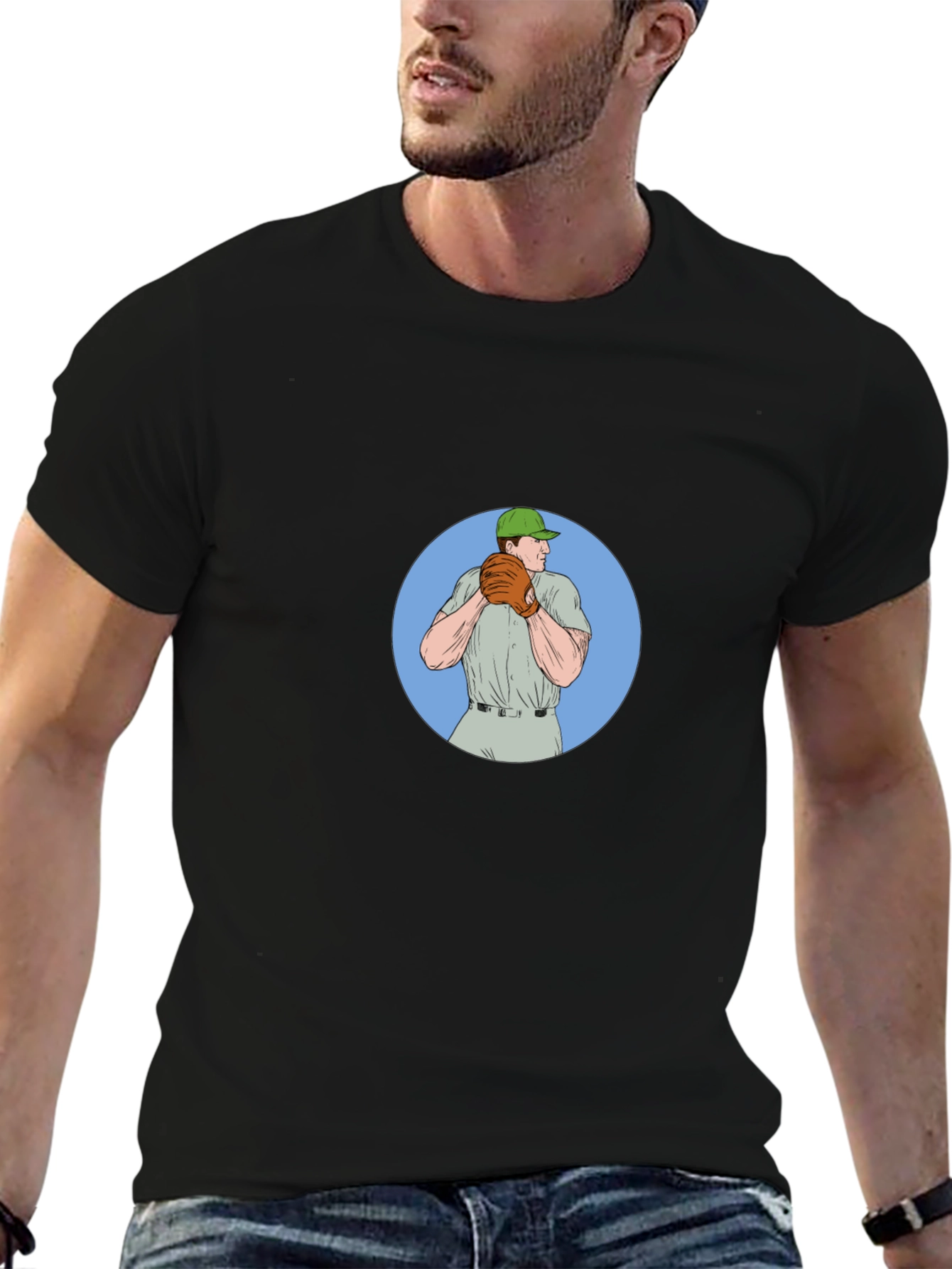 Baseball Pitcher Graphic Tee - Black Cotton T-Shirt
