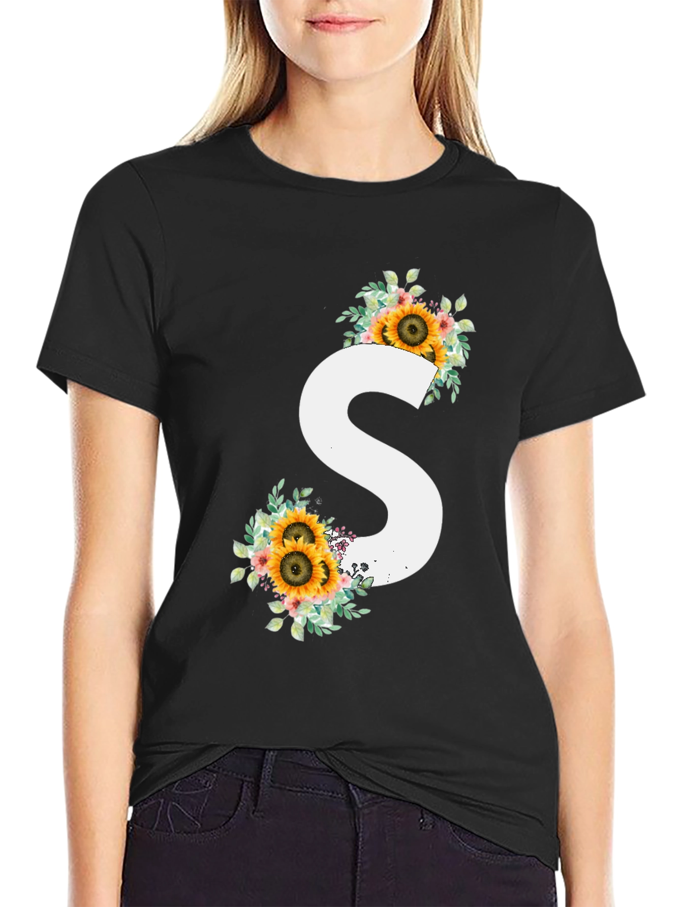 Sunflower Initial S Black T-Shirt