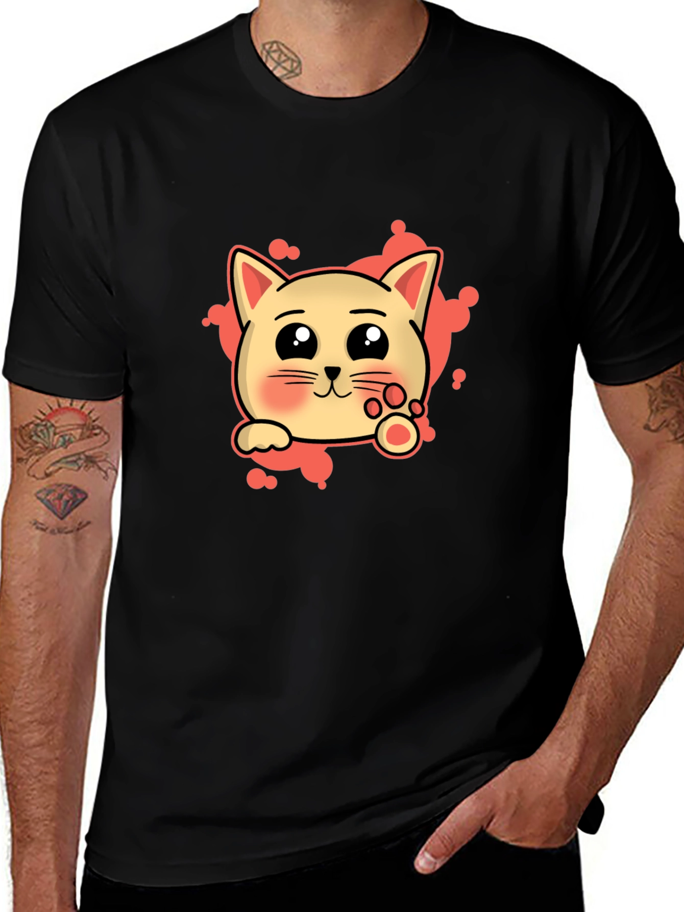 Cute Cat Cartoon Graphic Tee - Black T-Shirt