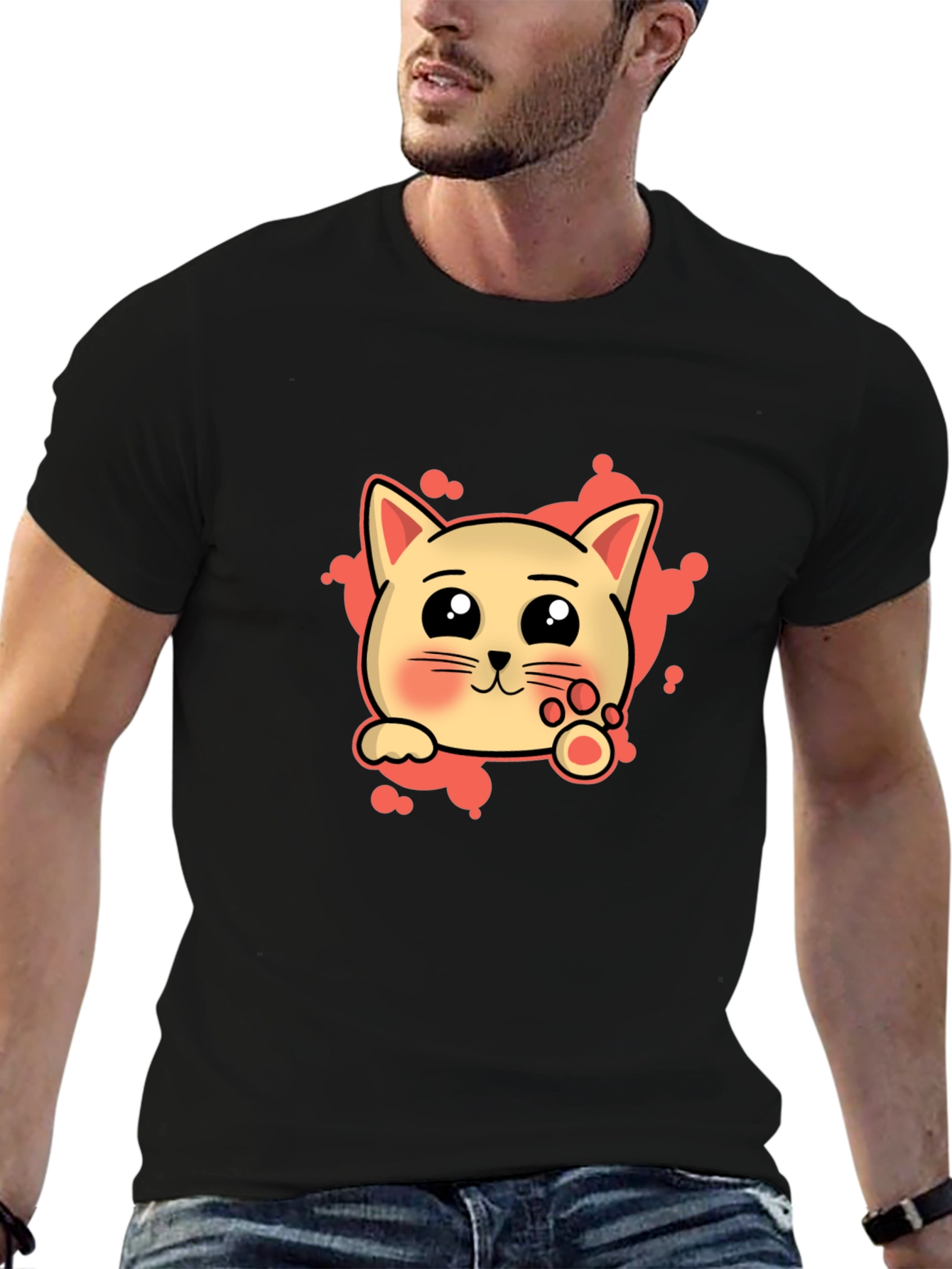 Cute Cat Cartoon Graphic Tee - Black T-Shirt