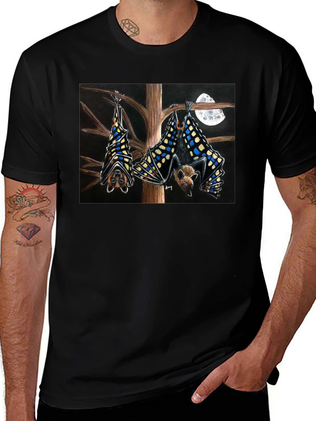 Bats & Moon Graphic Tee - Black Cotton T-Shirt
