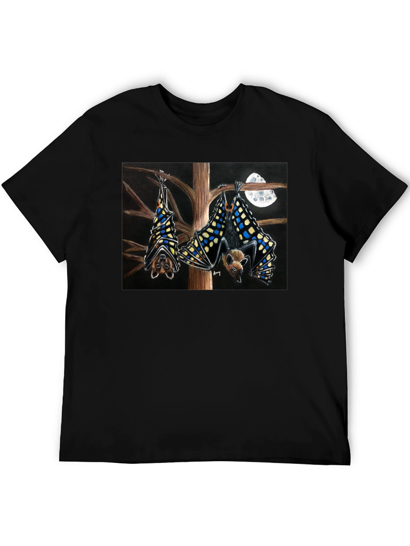 Bats & Moon Graphic Tee - Black Cotton T-Shirt