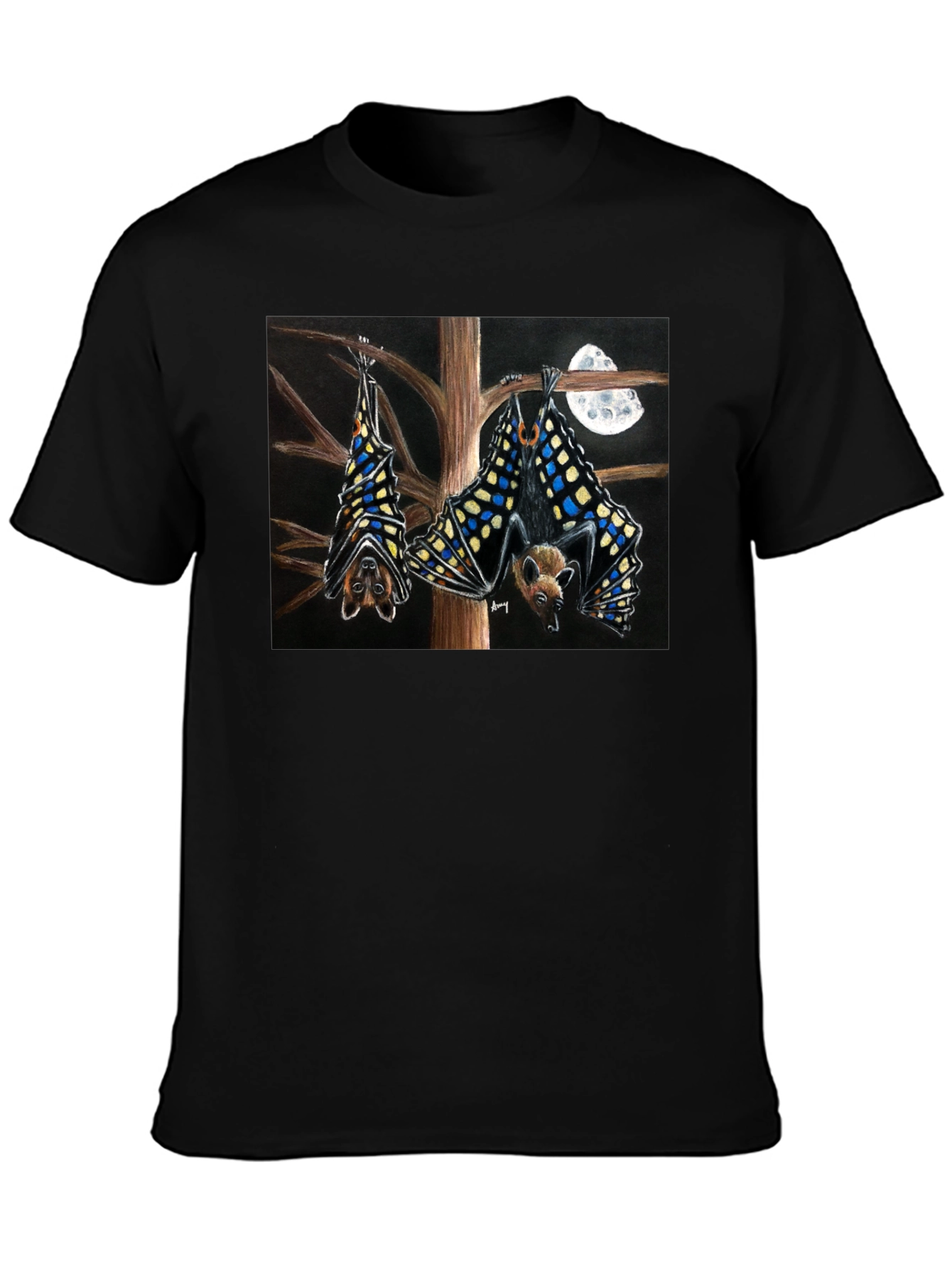 Bats & Moon Graphic Tee - Black Cotton T-Shirt