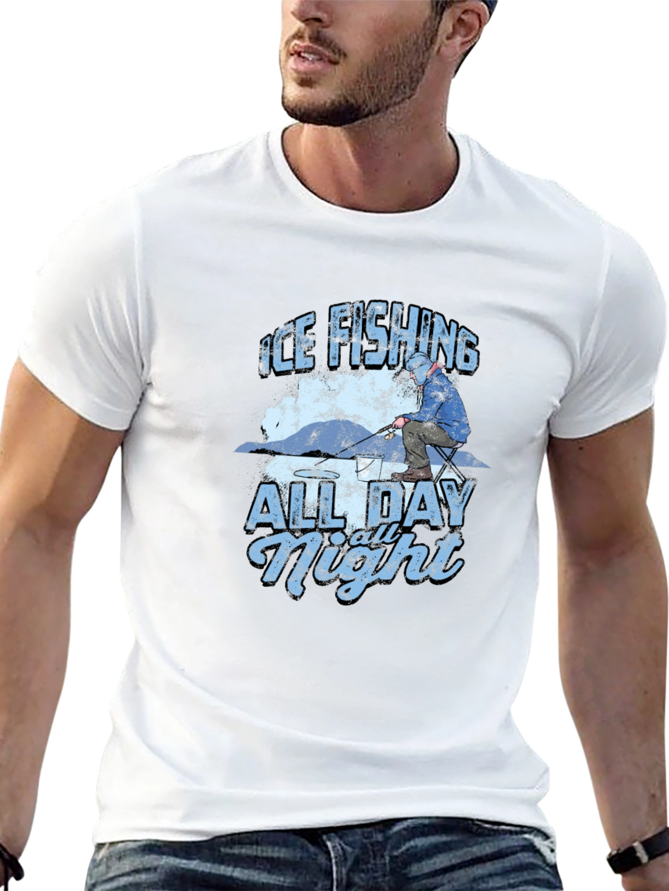 Ice Fishing All Day All Night Black T-Shirt