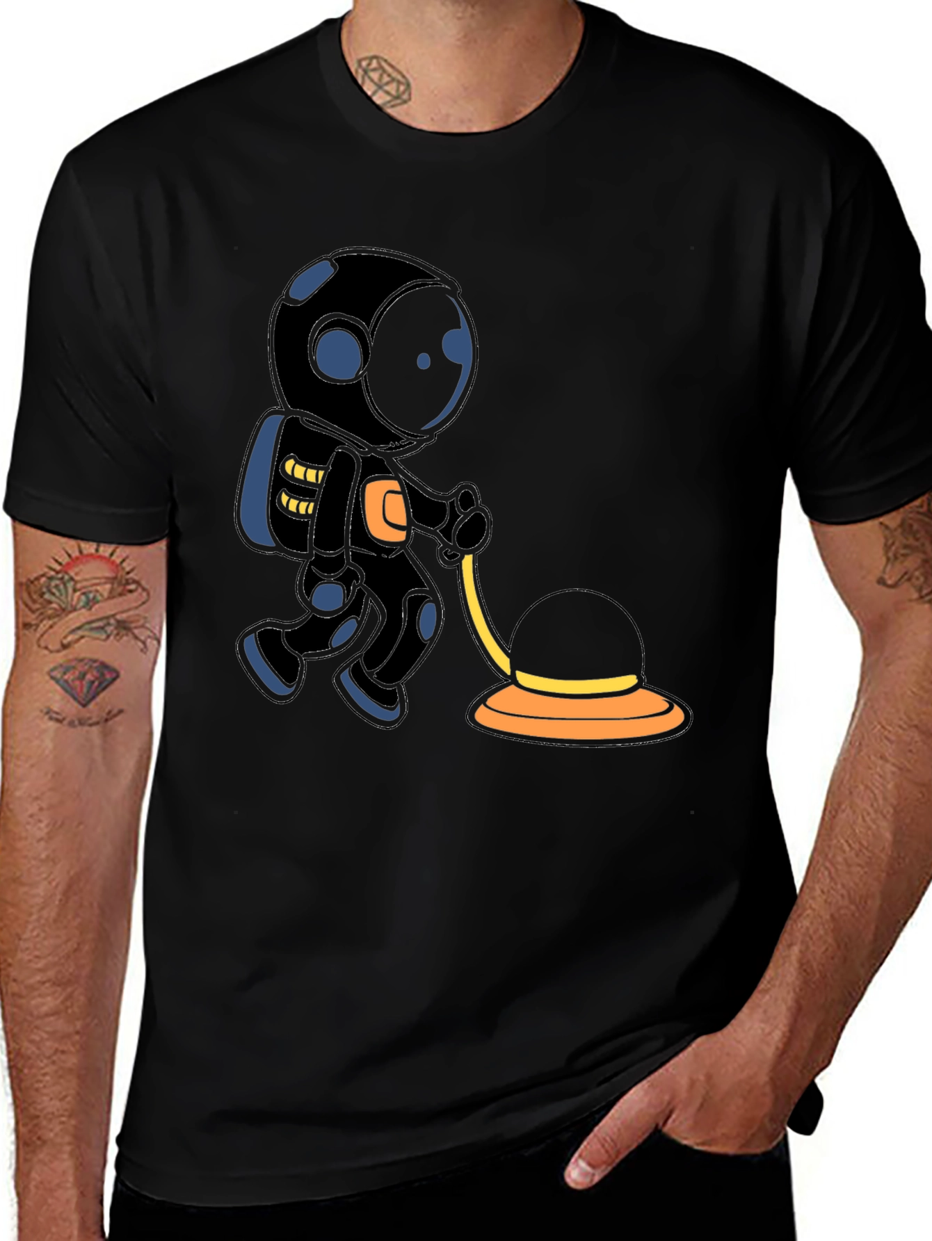 Astronaut Cartoon Graphic T-Shirt - Black