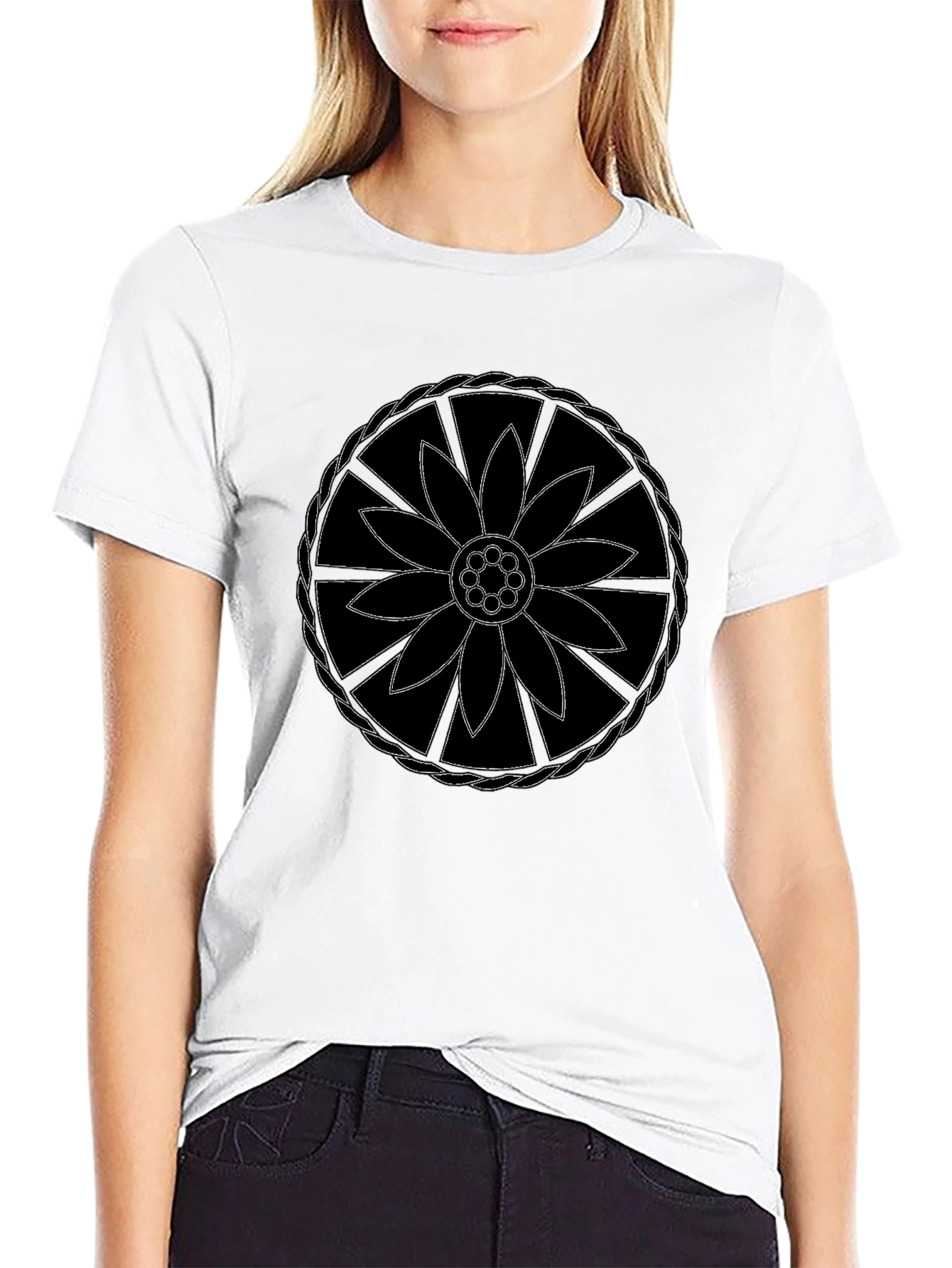 Black T-Shirt with Flower Mandala Design