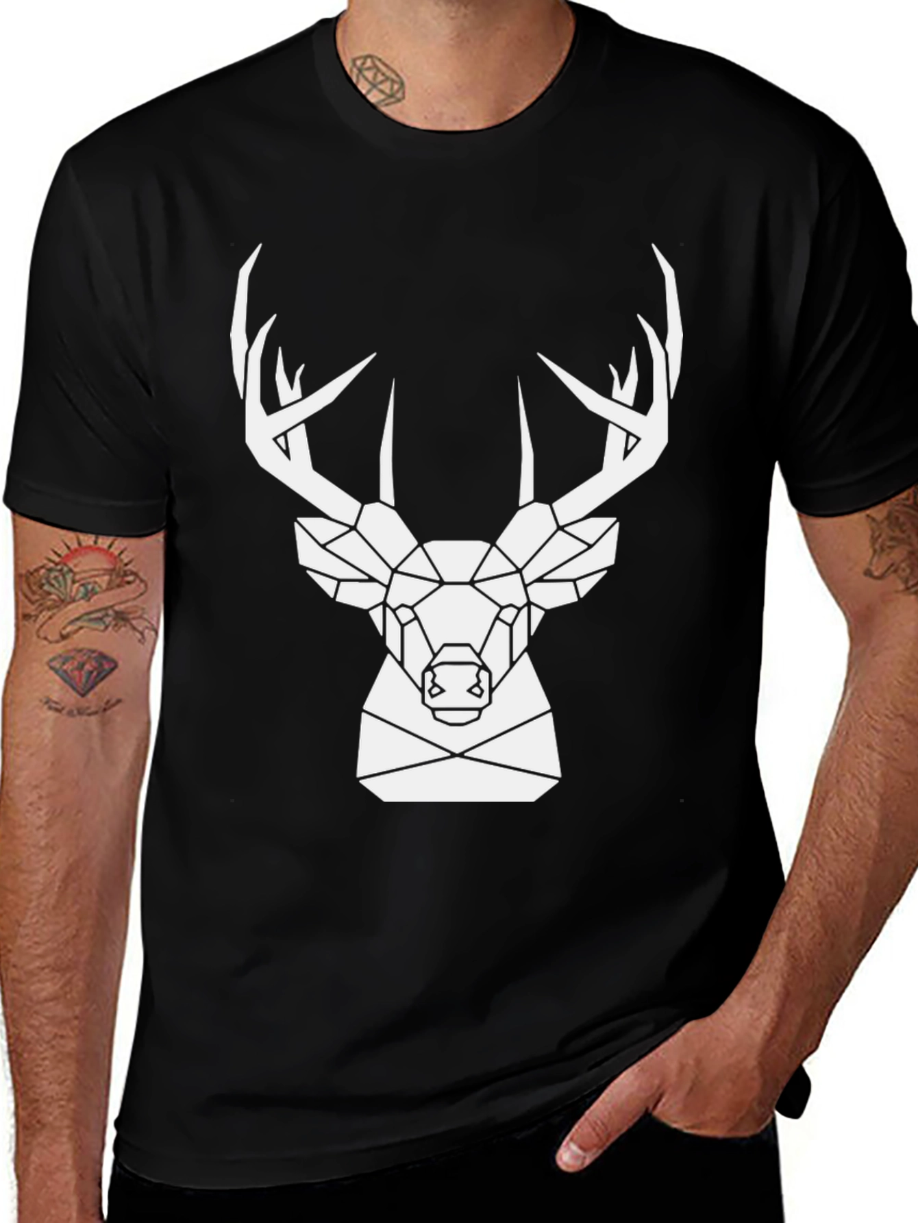 Geometric Deer Graphic Tee - Black
