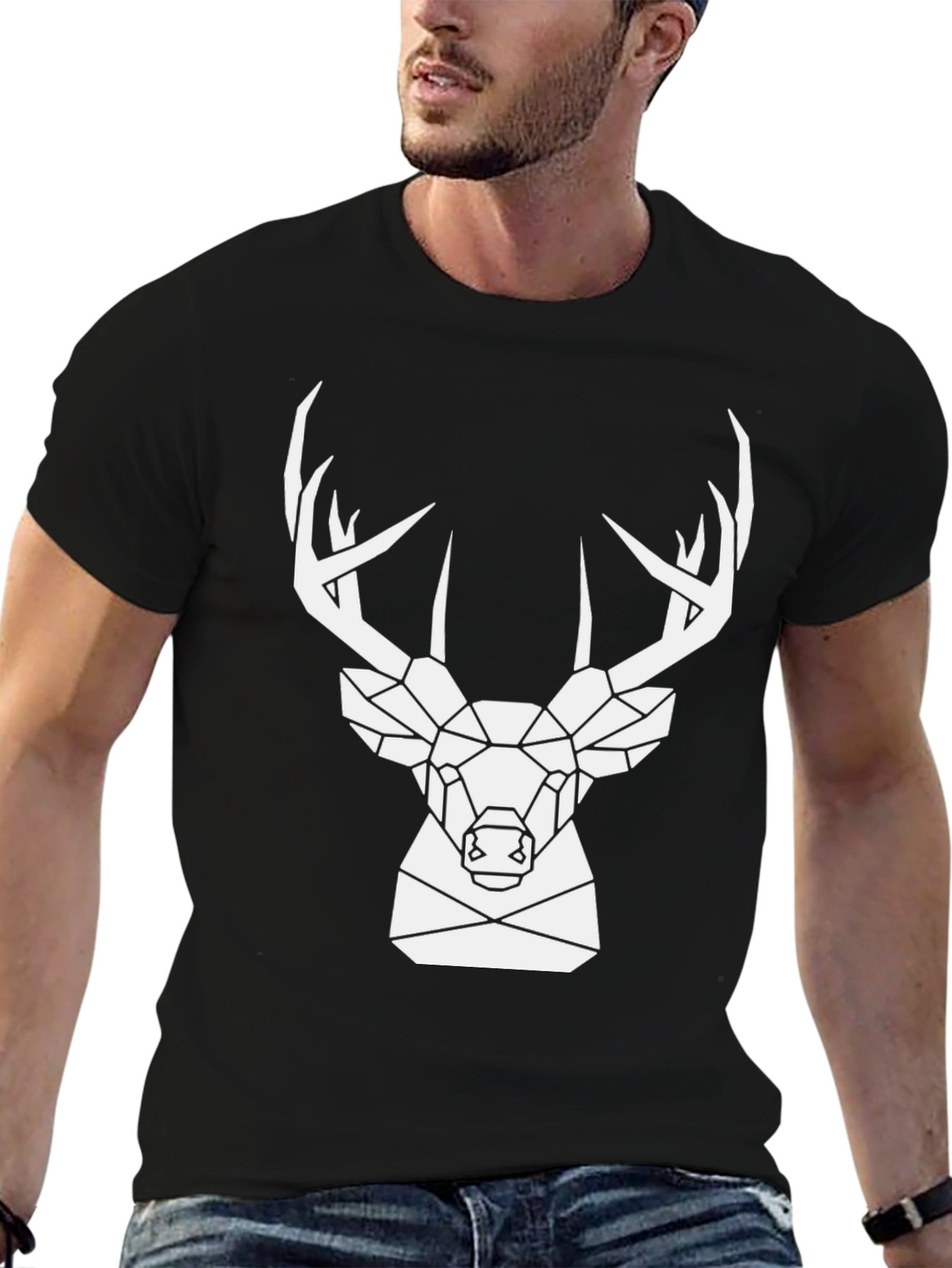 Geometric Deer Graphic Tee - Black