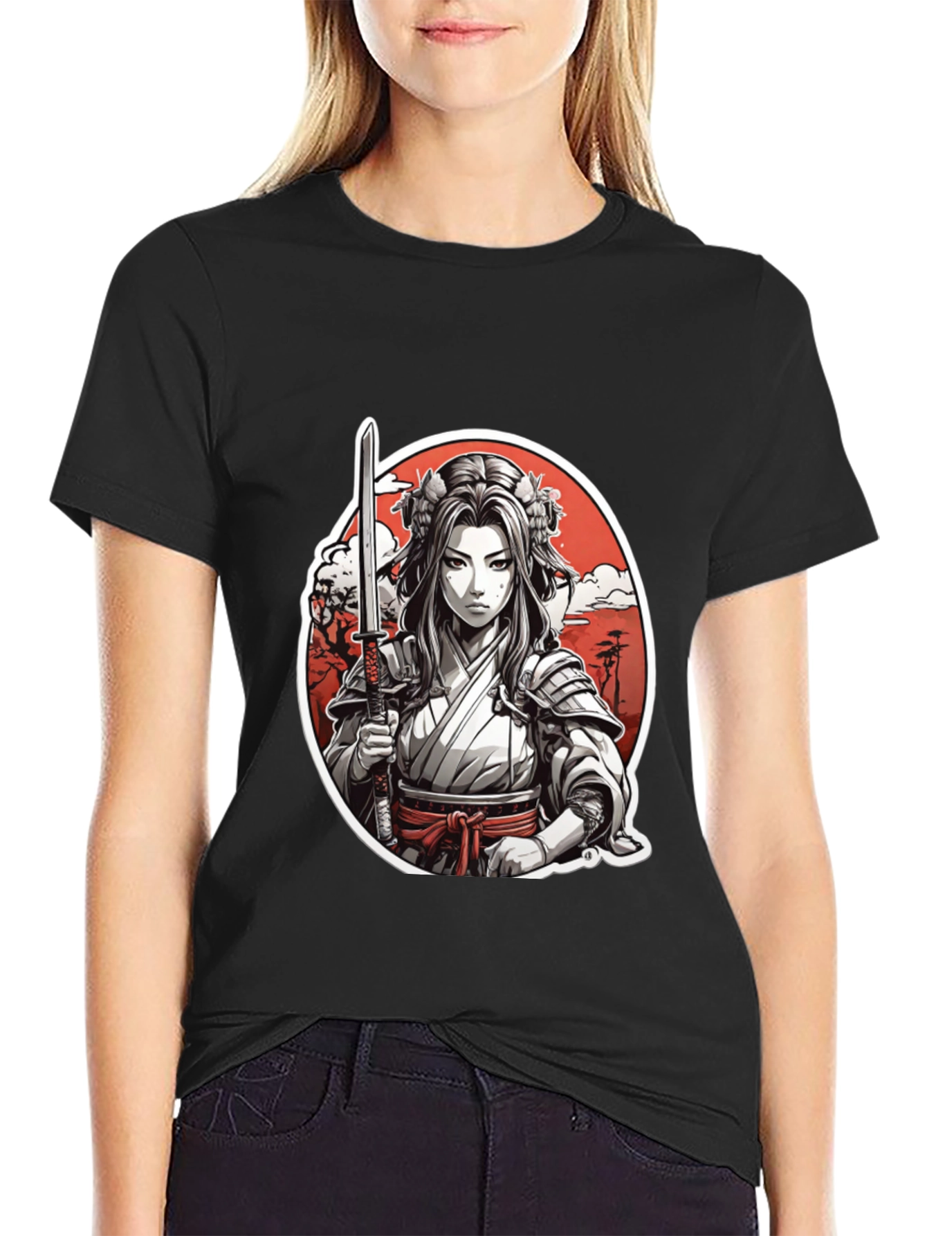 Samurai Girl Graphic Tee - Black Cotton T-Shirt