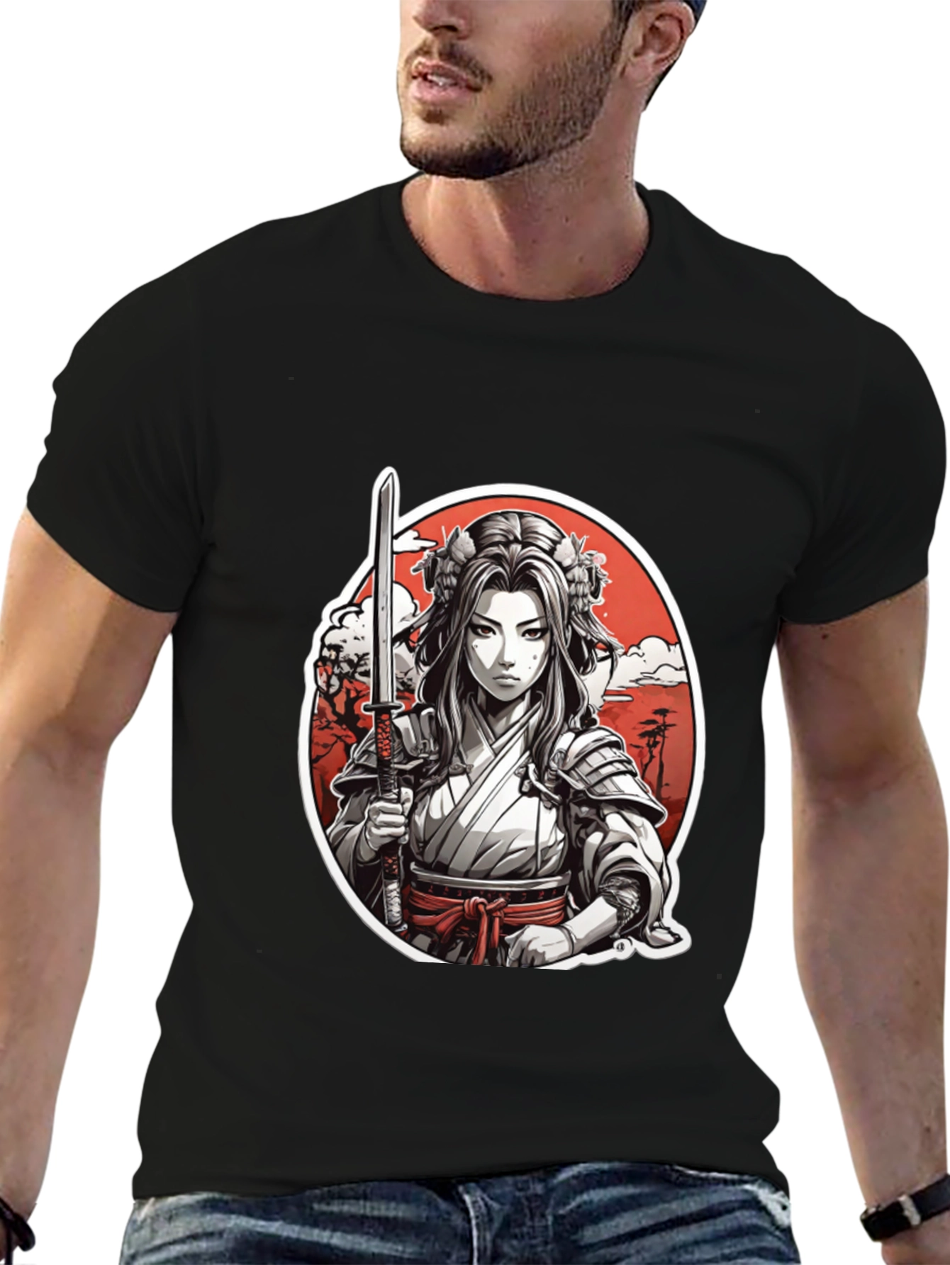 Samurai Girl Graphic Tee - Black Cotton T-Shirt