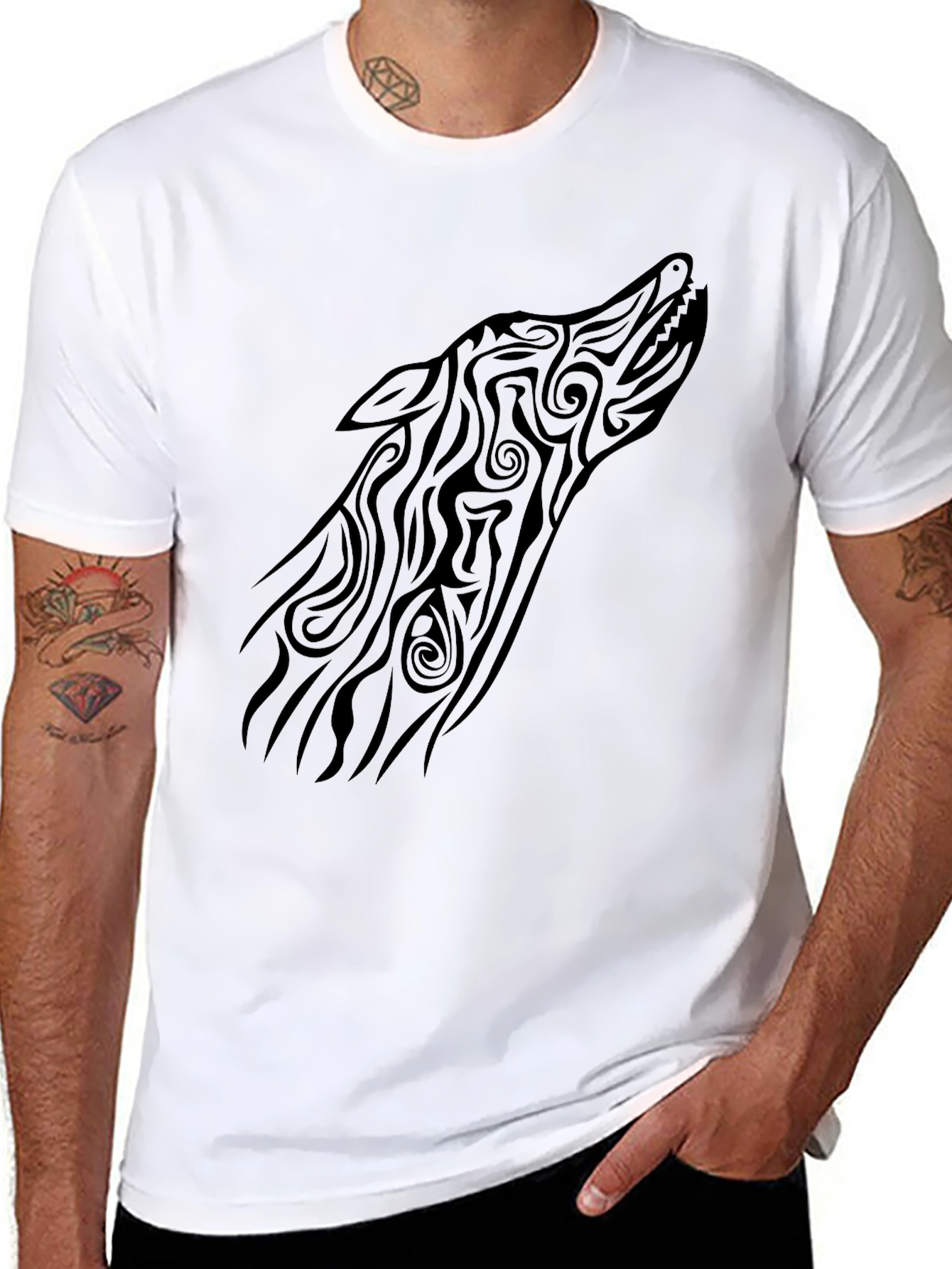 Tribal Wolf Head Graphic Tee - Black