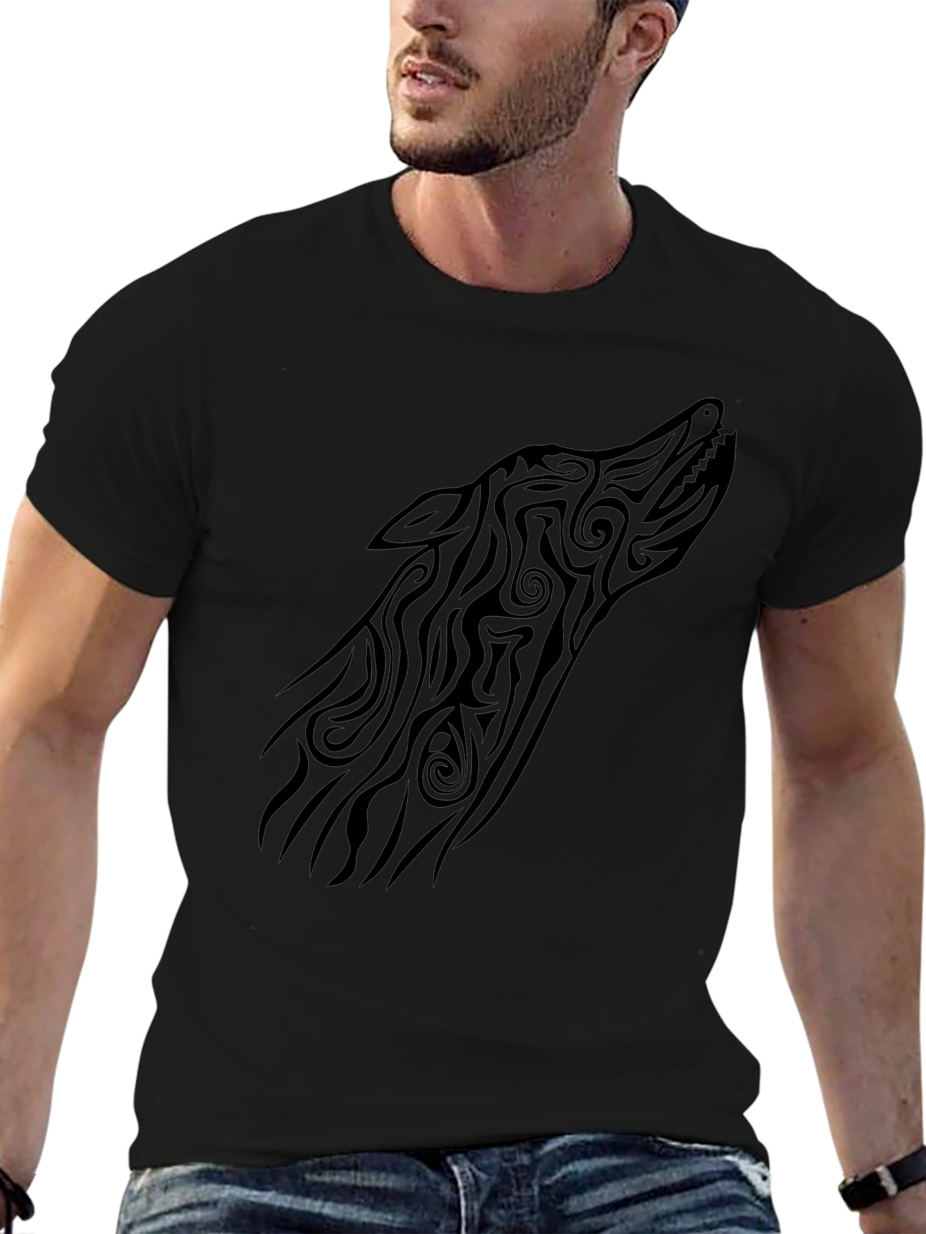 Tribal Wolf Head Graphic Tee - Black