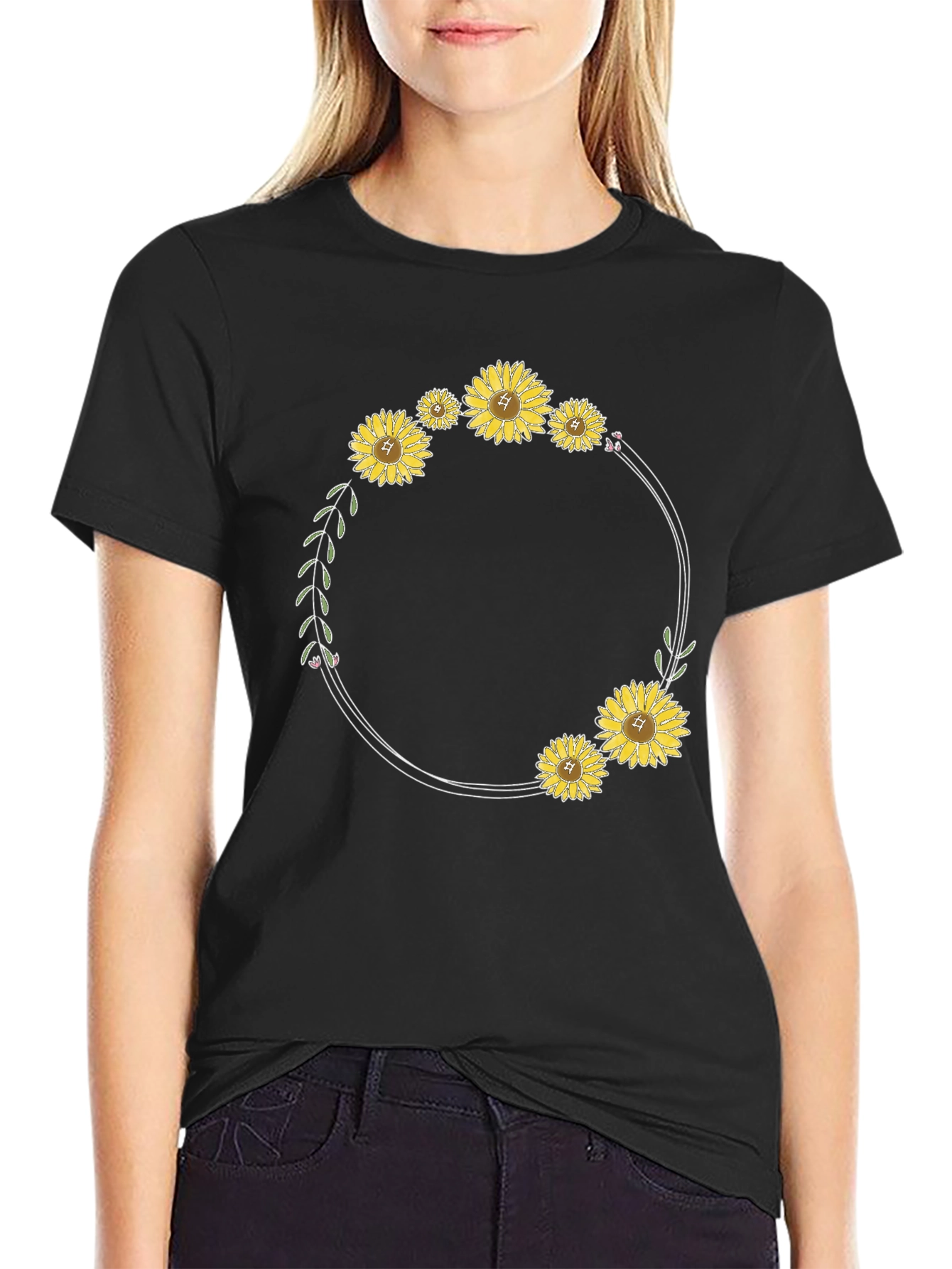 Sunflower Wreath Black T-Shirt