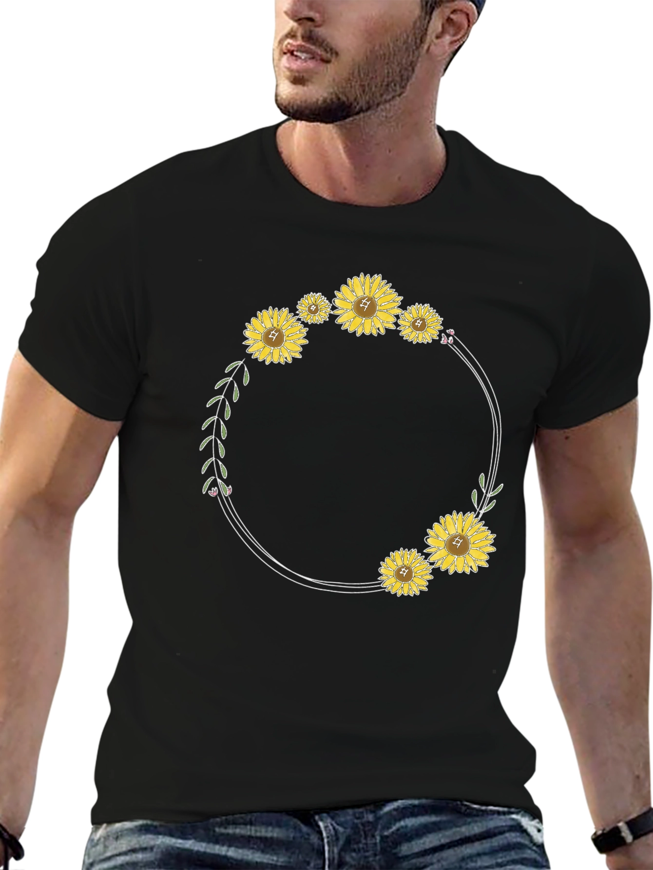 Sunflower Wreath Black T-Shirt