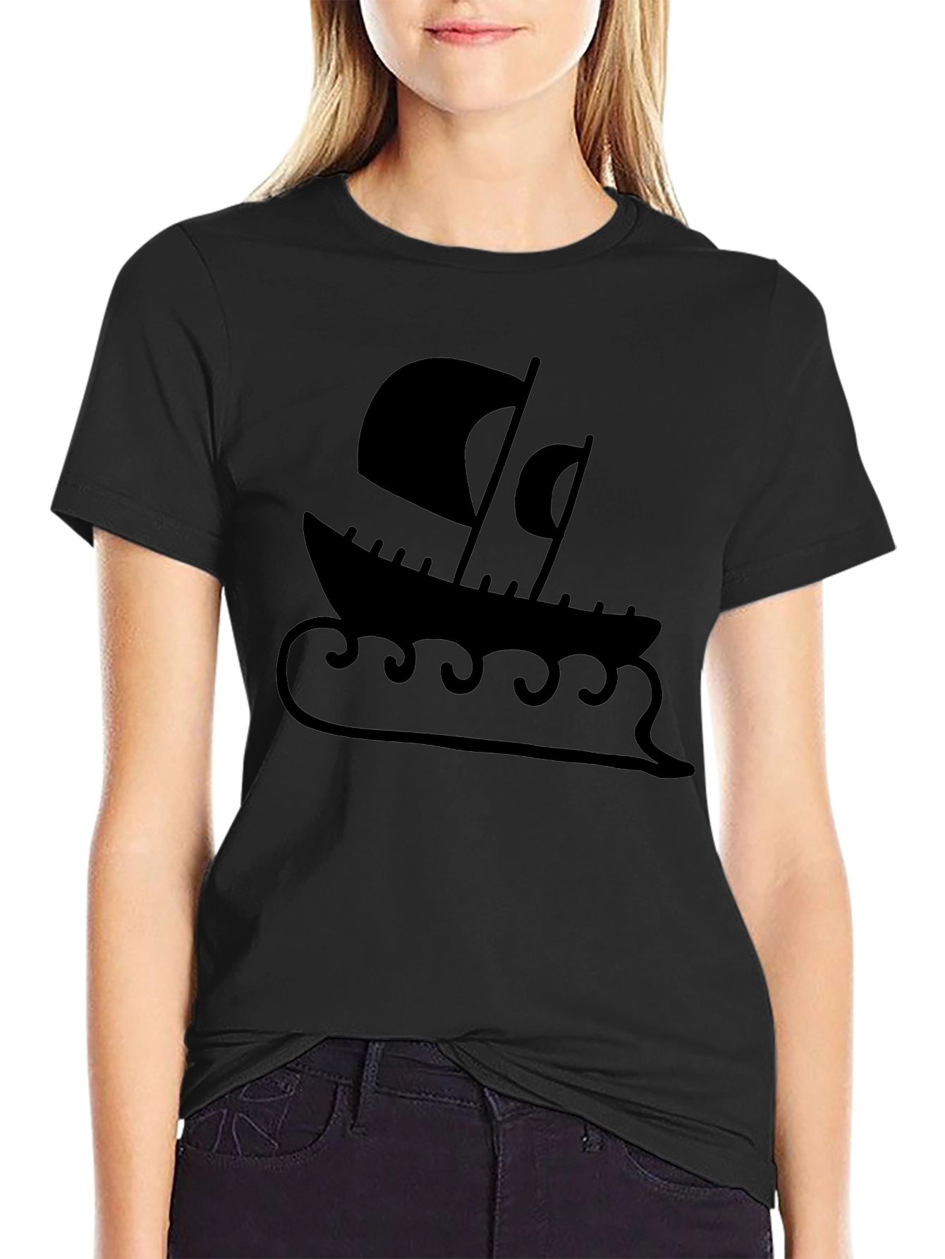 Viking Ship Graphic Tee - Black Cotton Blend