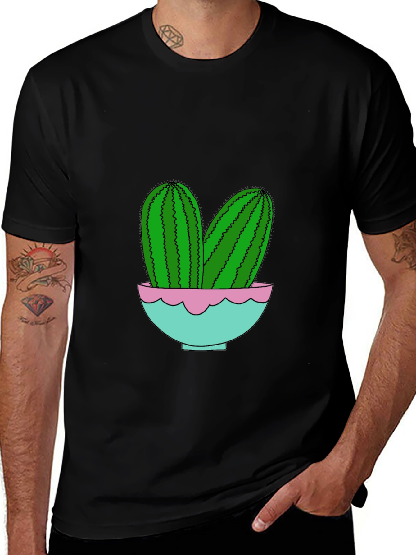 Cactus in Pot Graphic Tee - Trendy Black T-Shirt