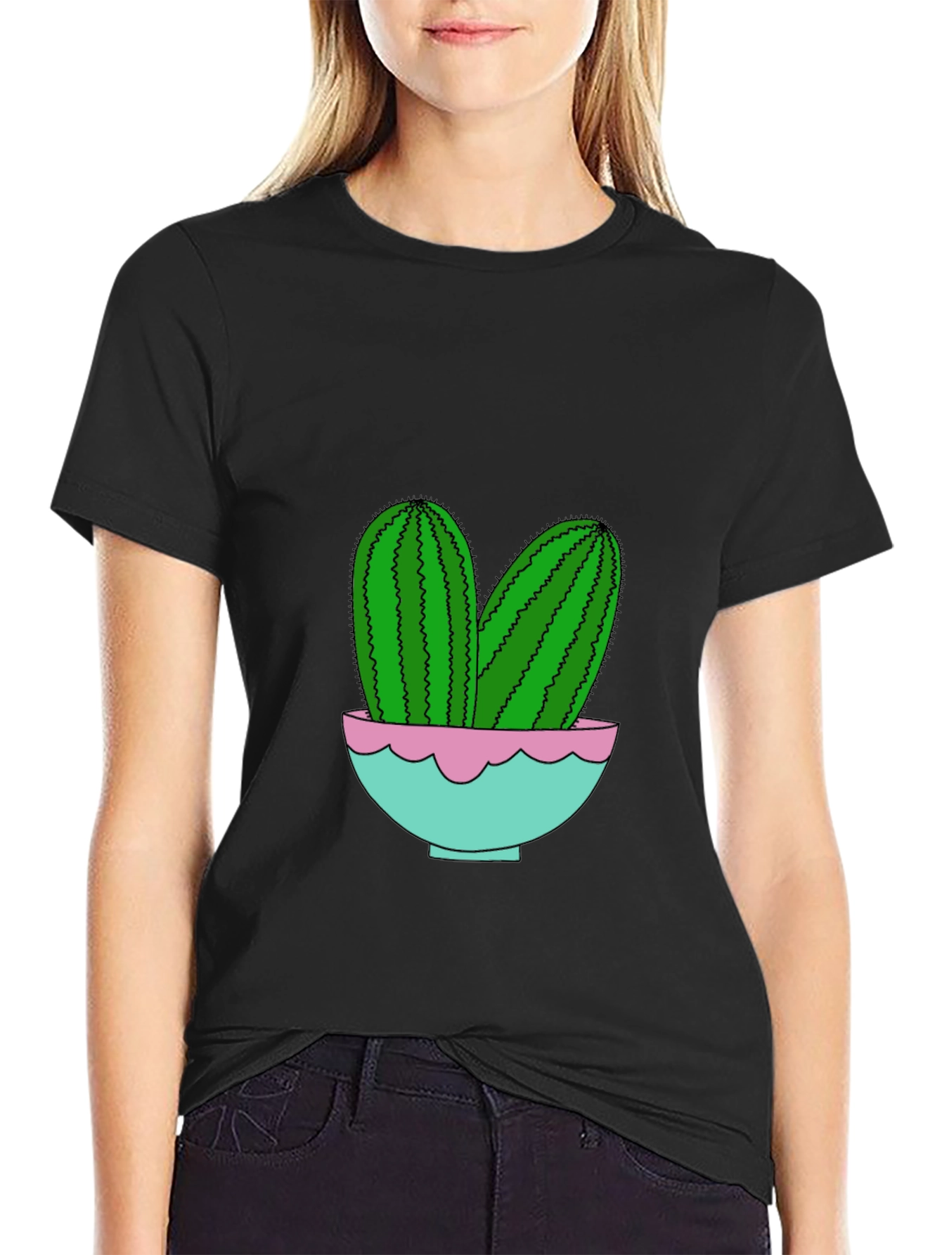 Cactus in Pot Graphic Tee - Trendy Black T-Shirt