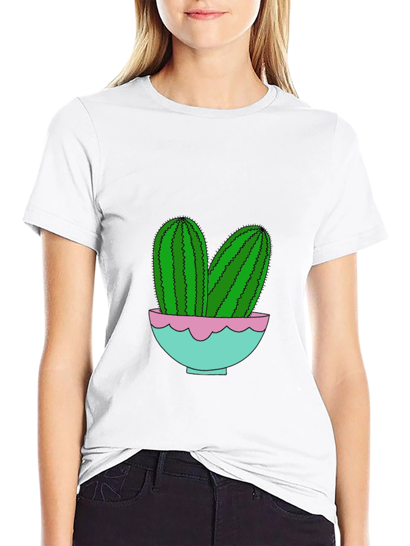 Cactus in Pot Graphic Tee - Trendy Black T-Shirt