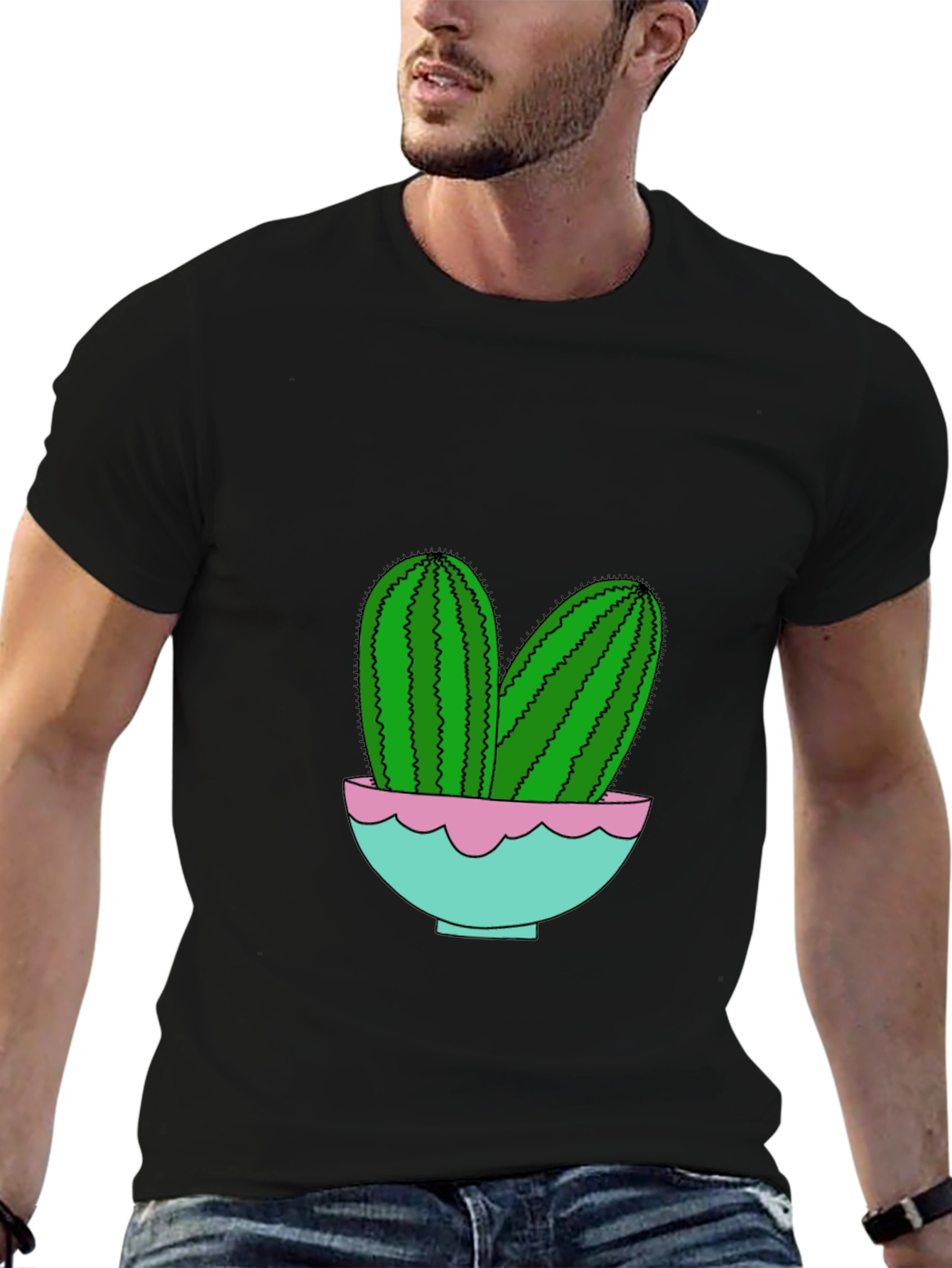 Cactus in Pot Graphic Tee - Trendy Black T-Shirt
