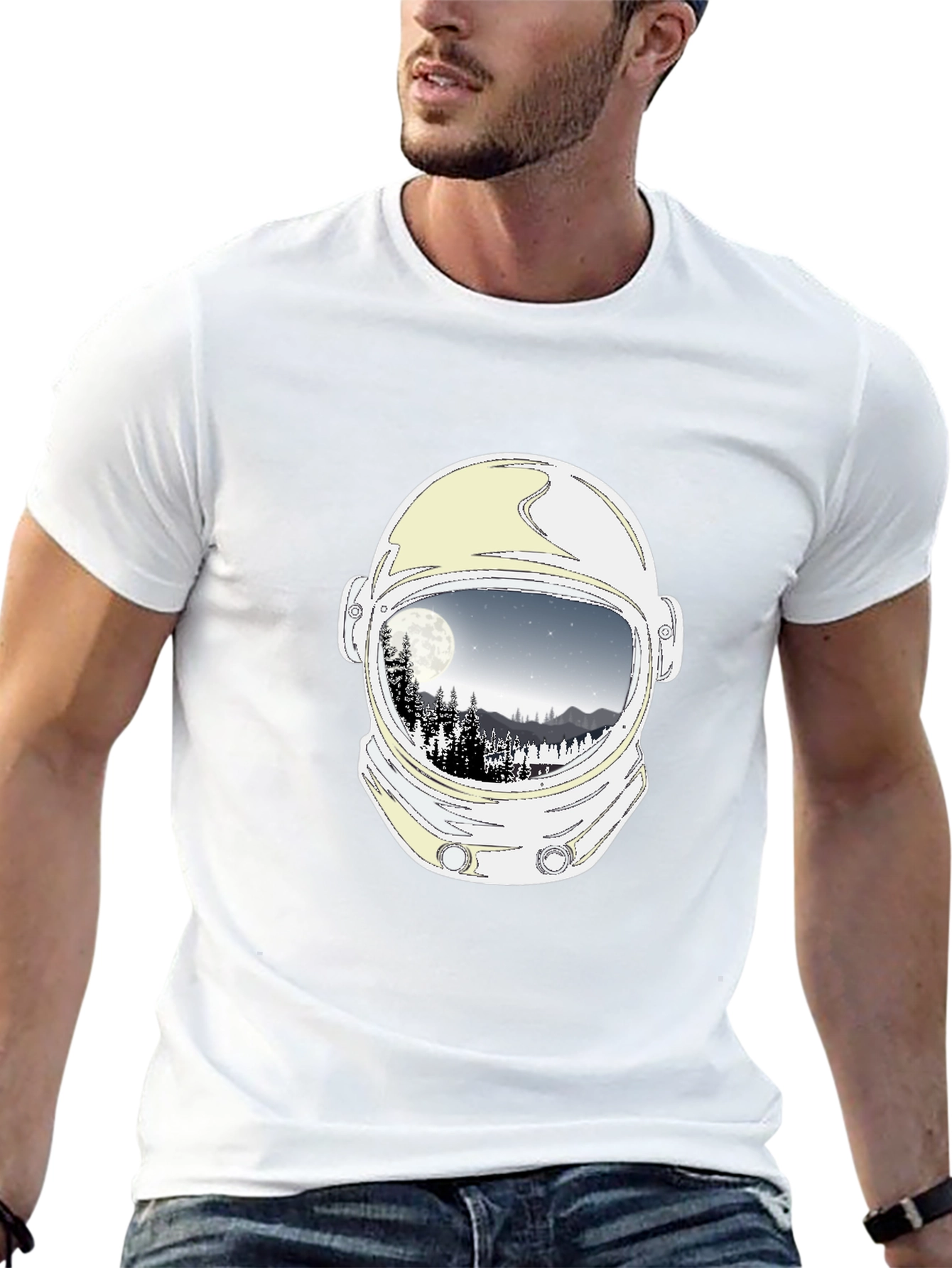 Astronaut Helmet Moon Scene Graphic Tee - Black