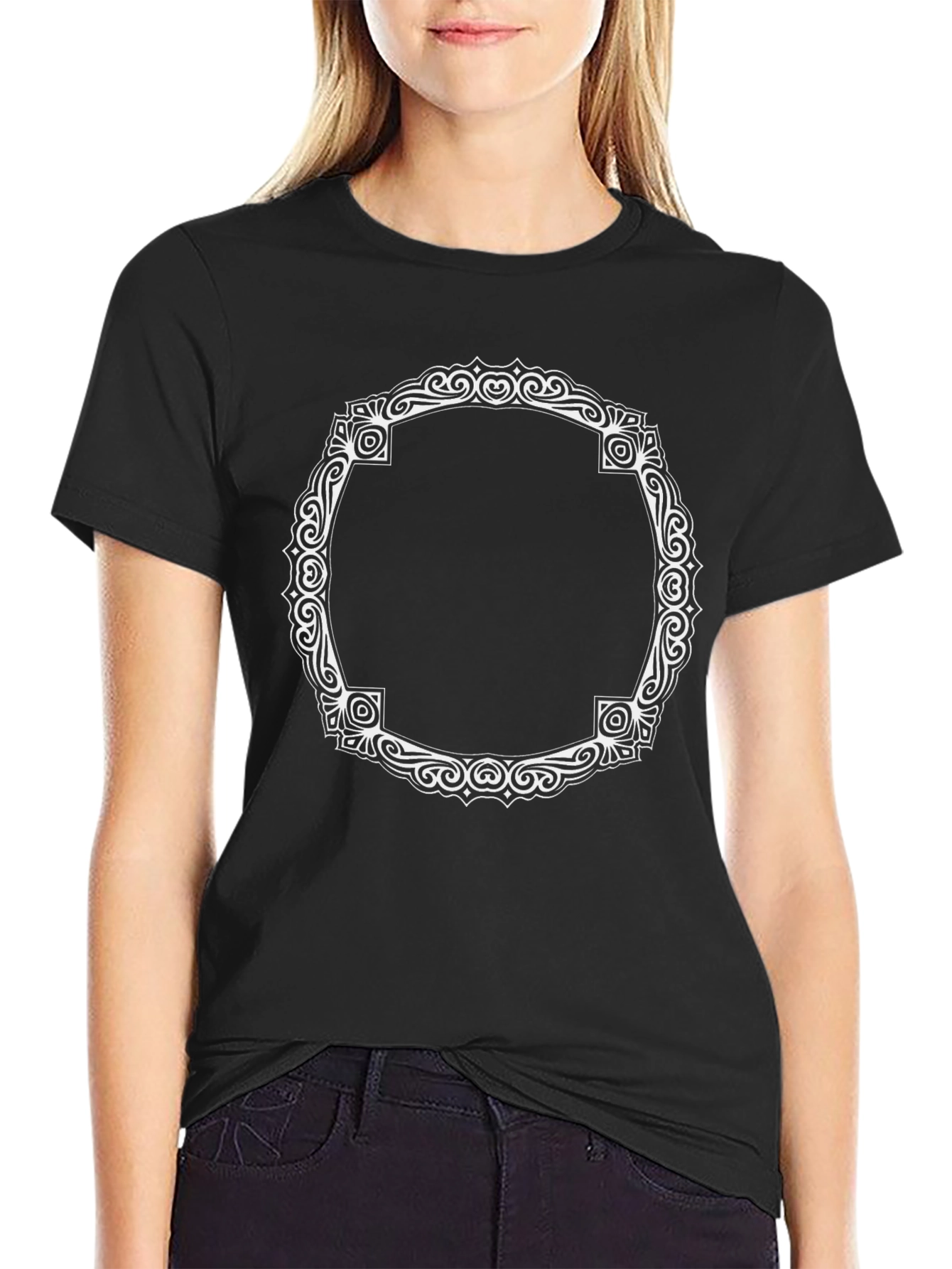 Black T-Shirt with Ornate White Frame Design