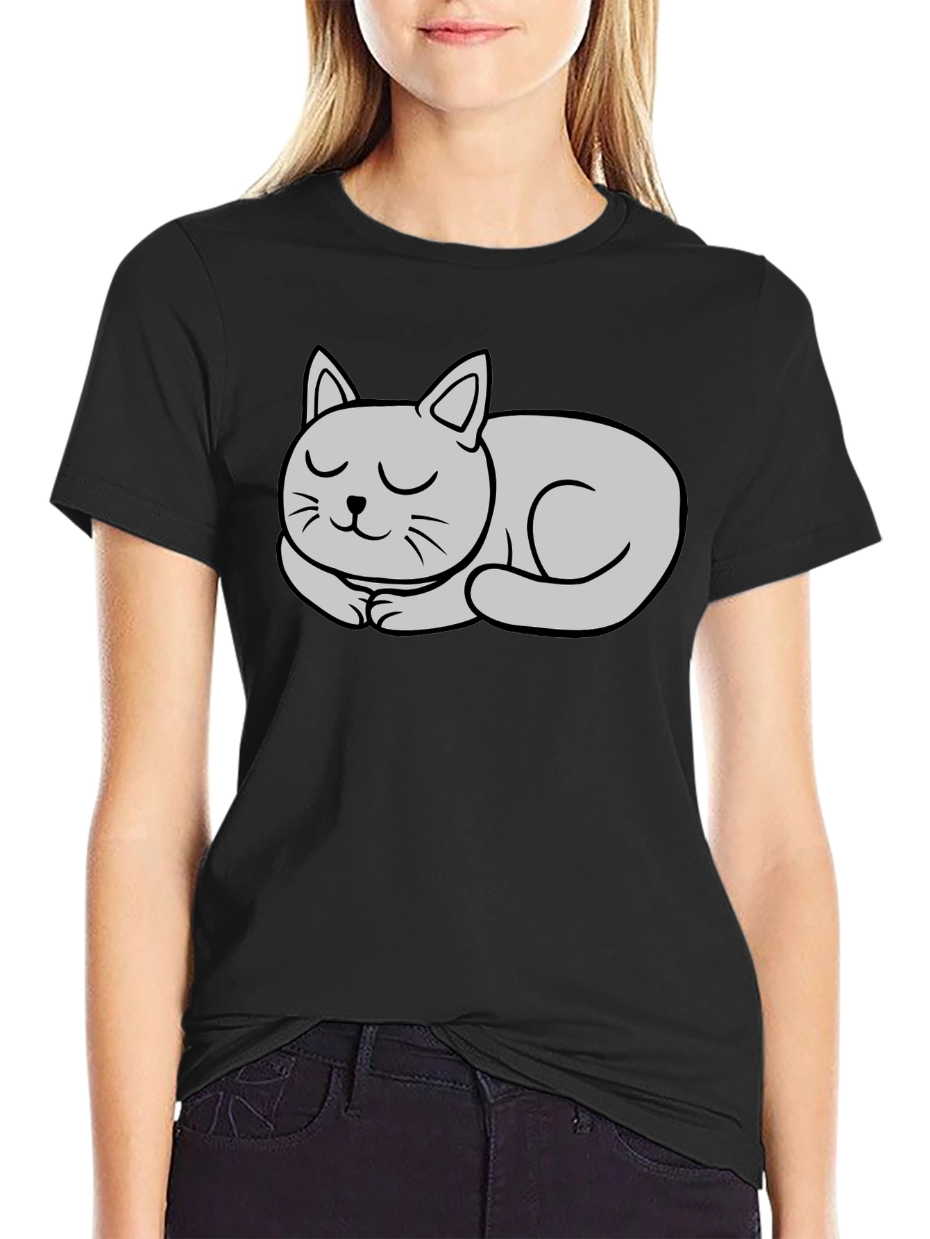 Black T-Shirt with Cute Sleeping Cat Graphic