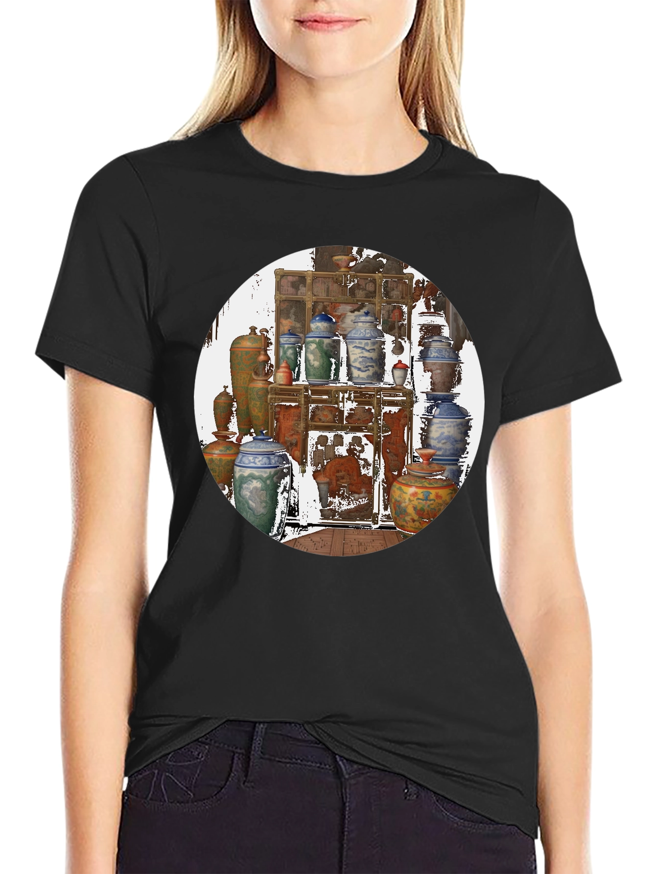 Artistic Black T-Shirt With Vase Print