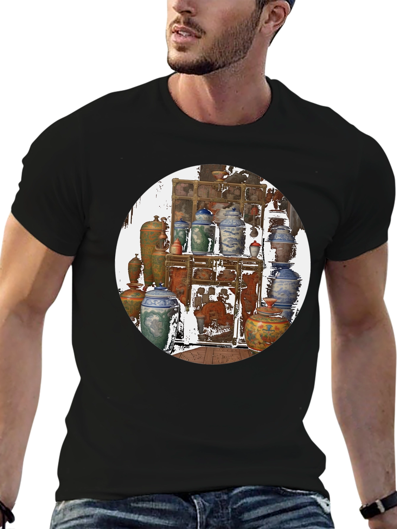 Artistic Black T-Shirt With Vase Print