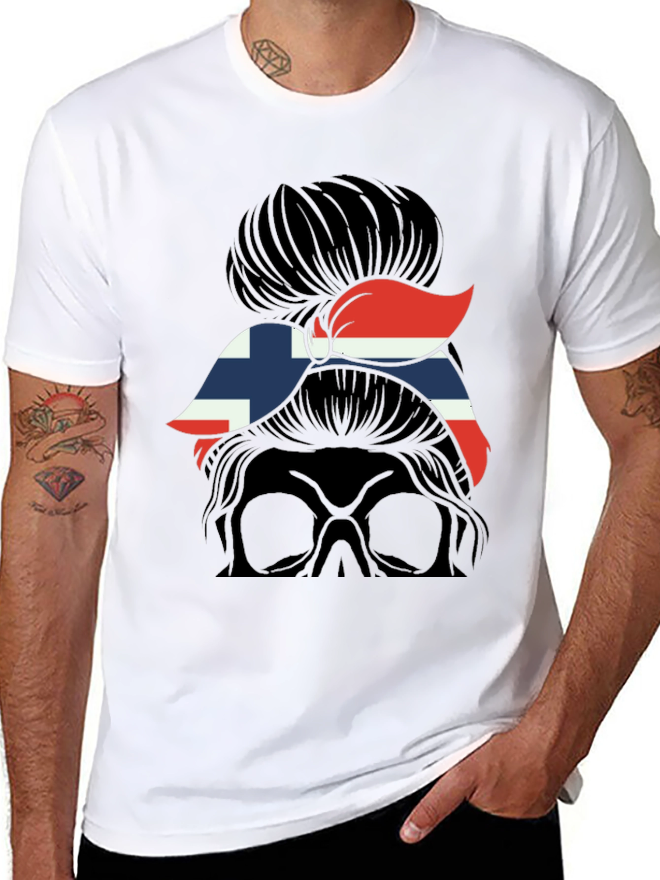 Norway Flag Messy Bun Skull T-Shirt