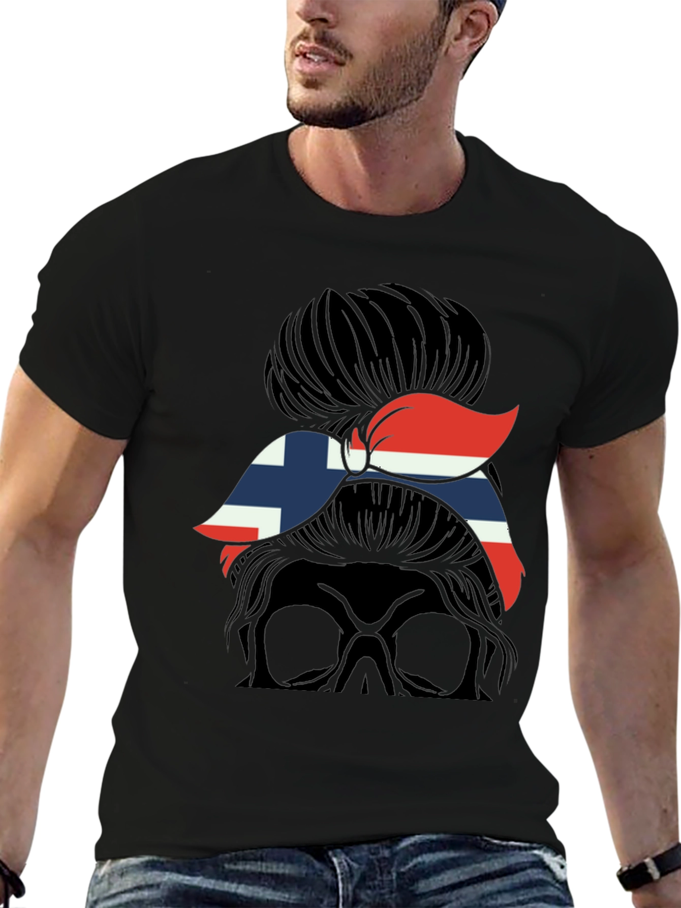 Norway Flag Messy Bun Skull T-Shirt