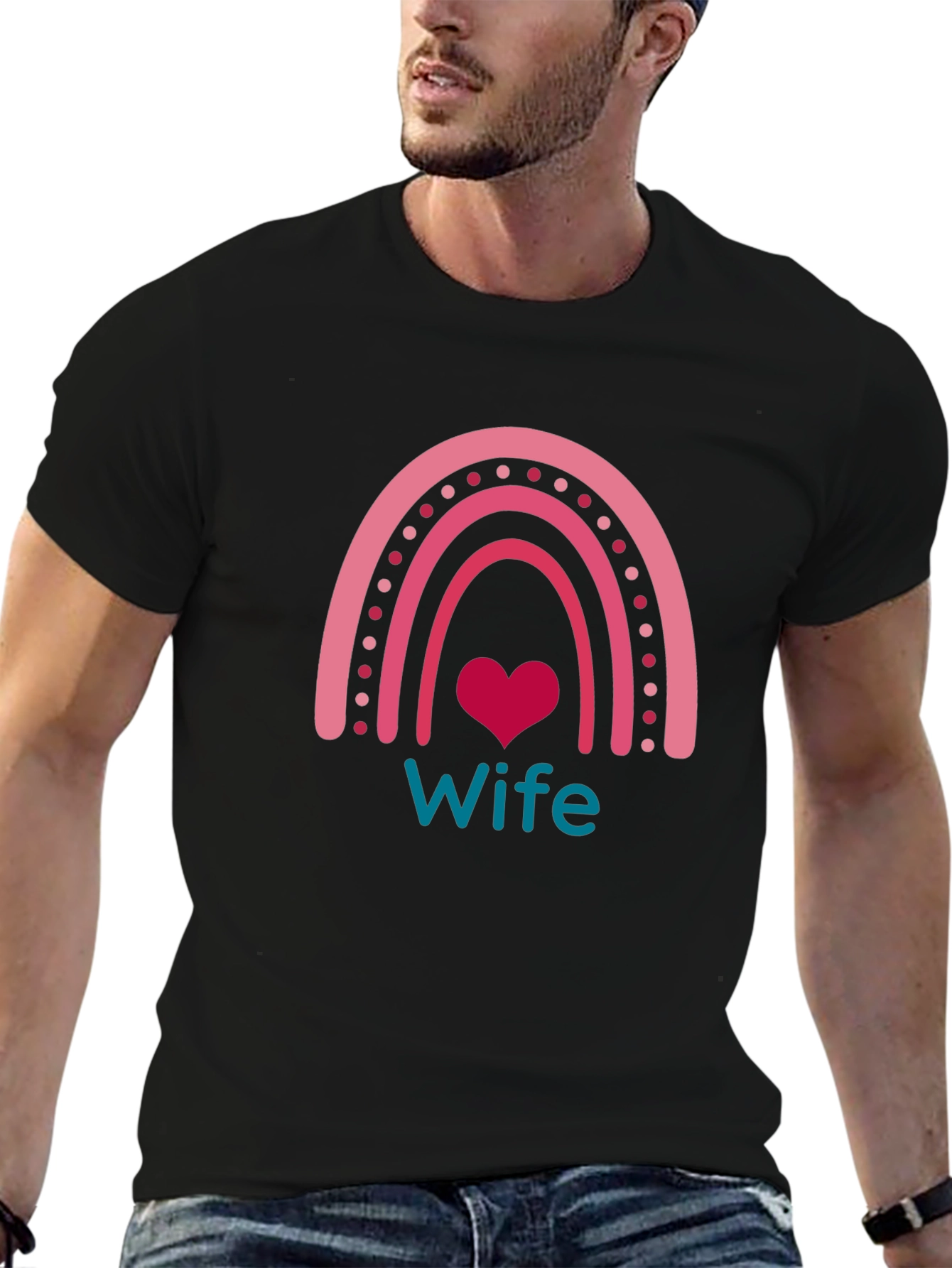 Wife Rainbow Heart Graphic Tee - Black Cotton Blend
