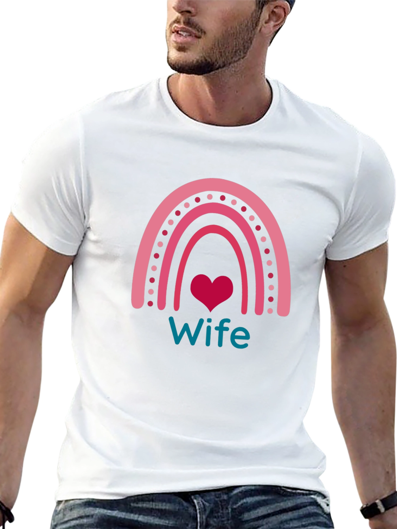 Wife Rainbow Heart Graphic Tee - Black Cotton Blend