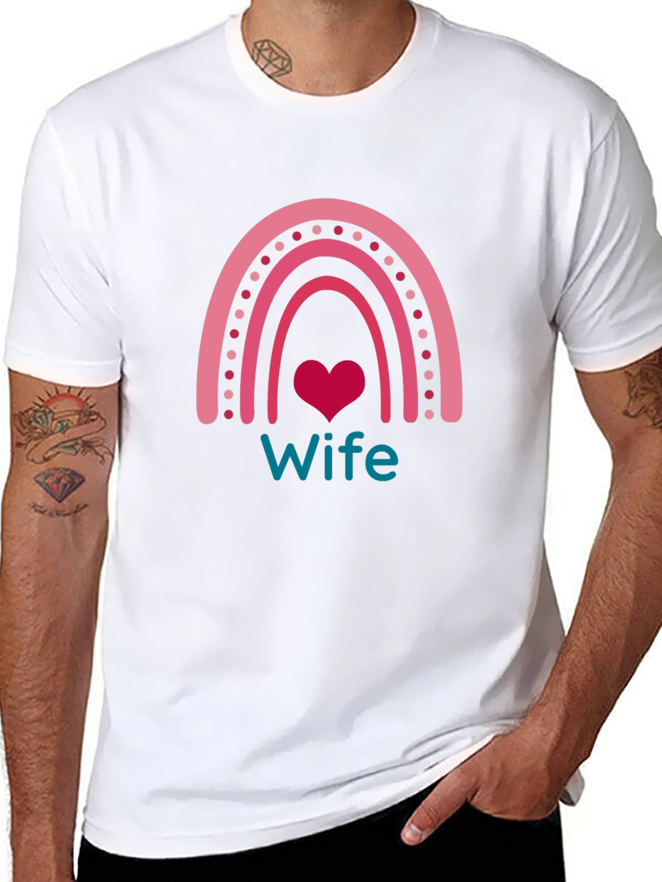Wife Rainbow Heart Graphic Tee - Black Cotton Blend