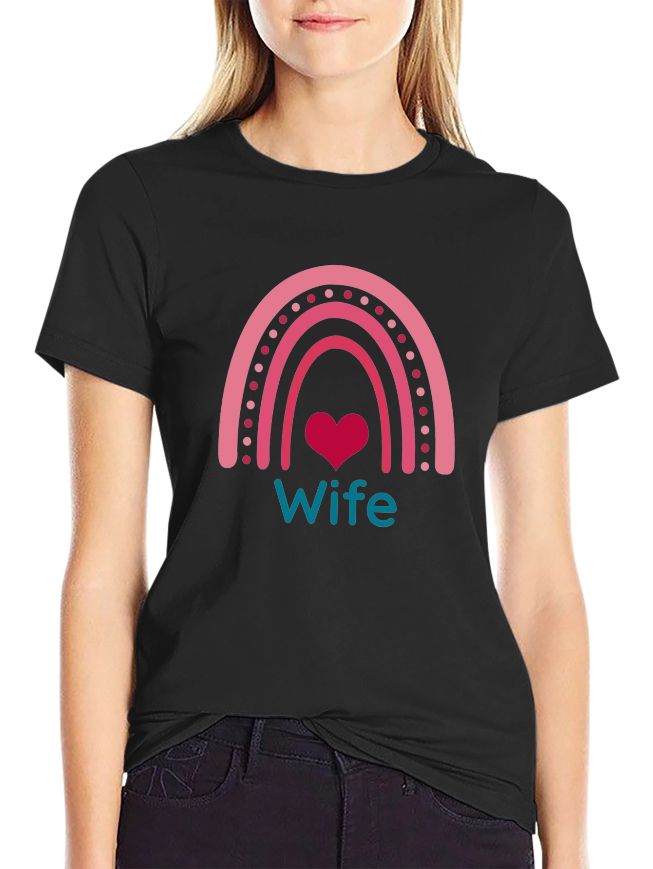 Wife Rainbow Heart Graphic Tee - Black Cotton Blend
