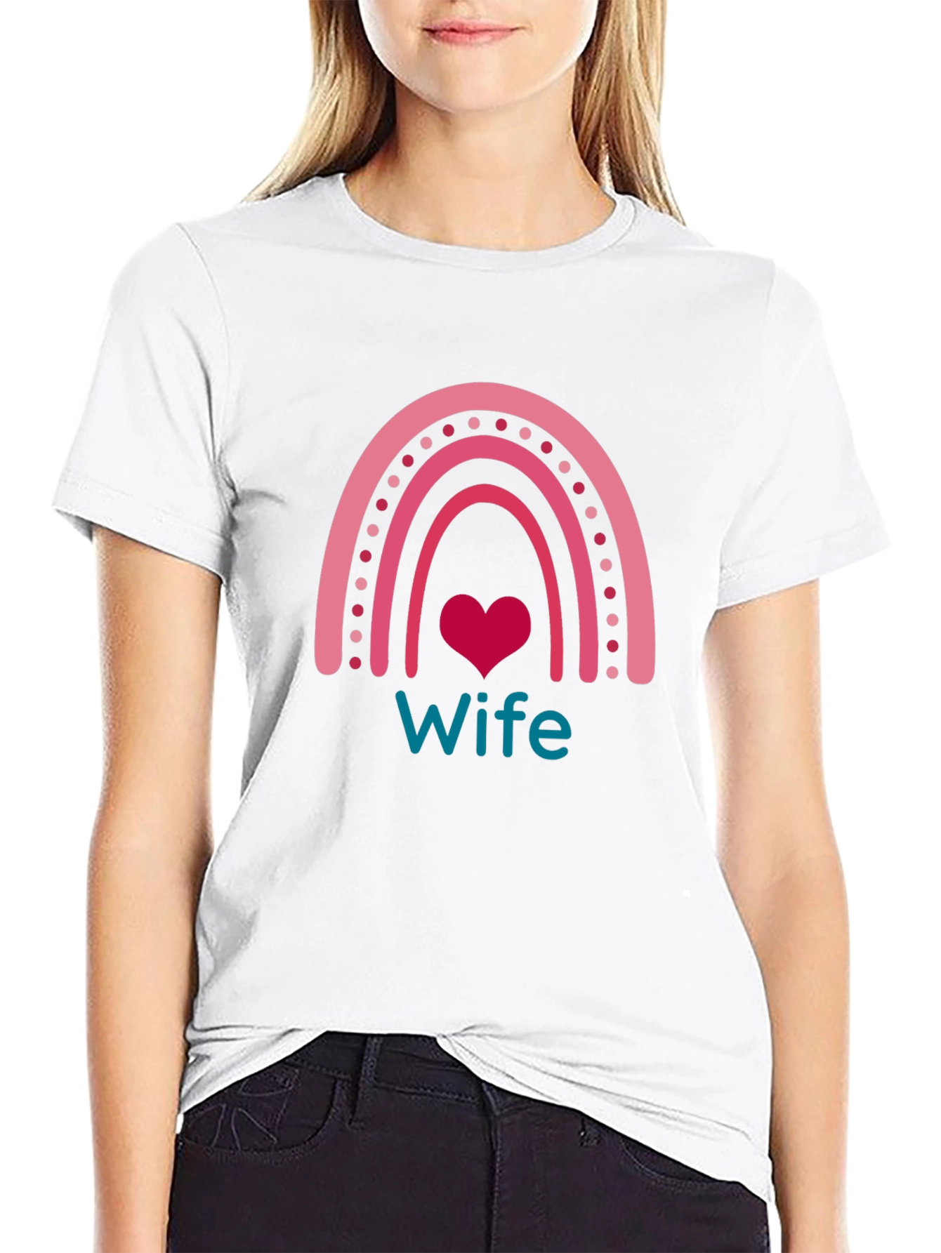 Wife Rainbow Heart Graphic Tee - Black Cotton Blend