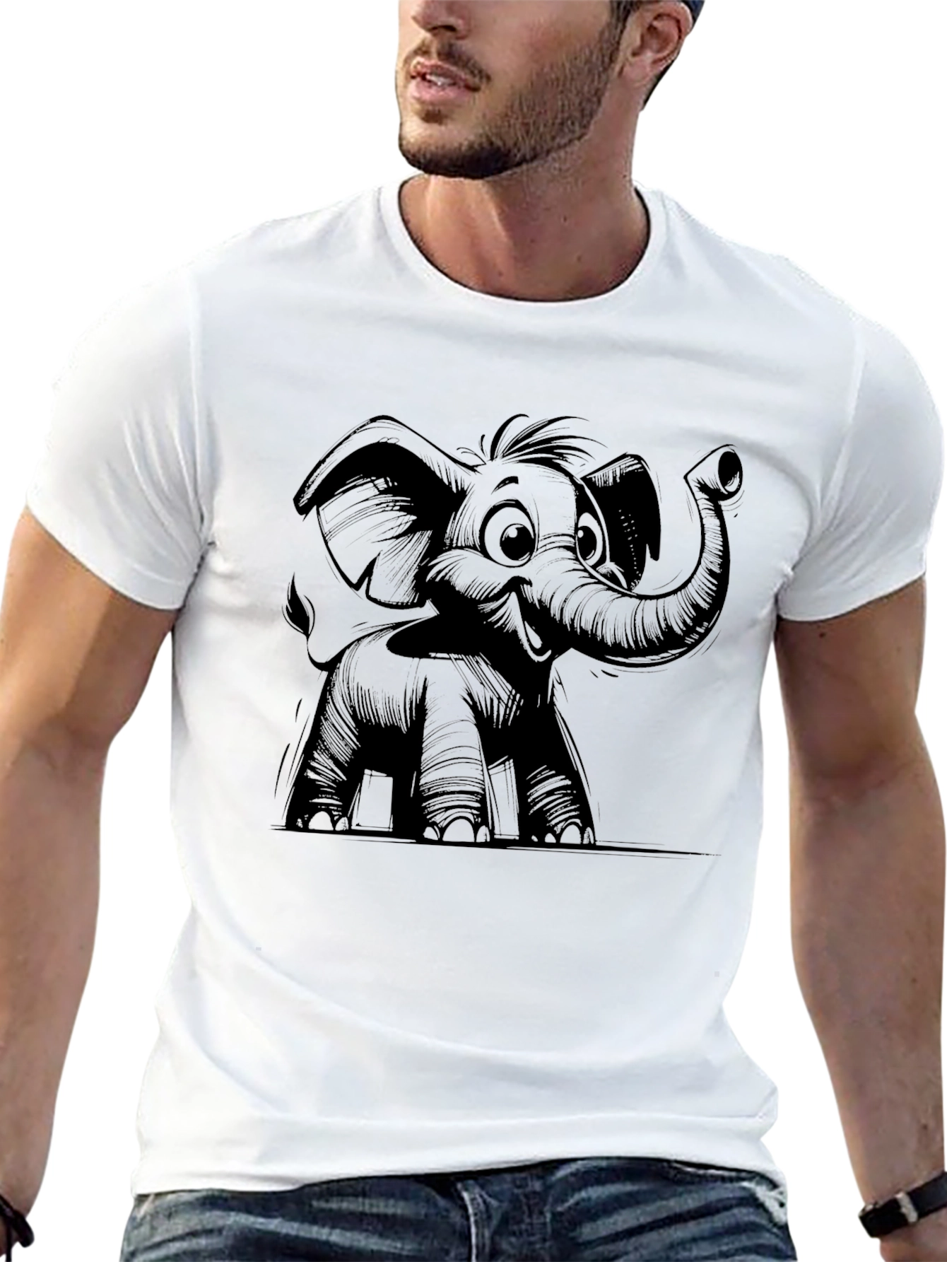 Elephant Cartoon Graphic Tee - Black