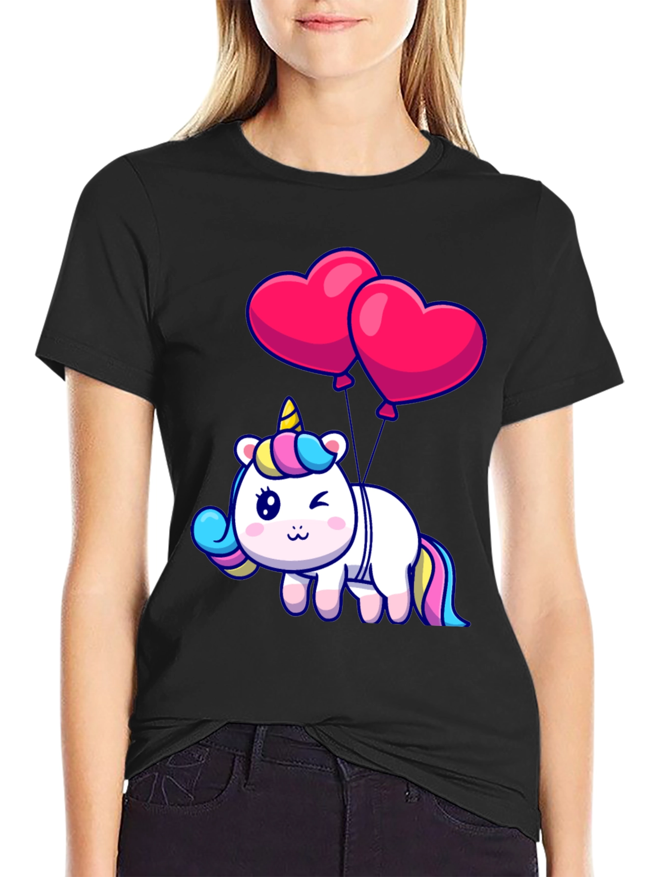 Unicorn with Heart Balloons Graphic Tee