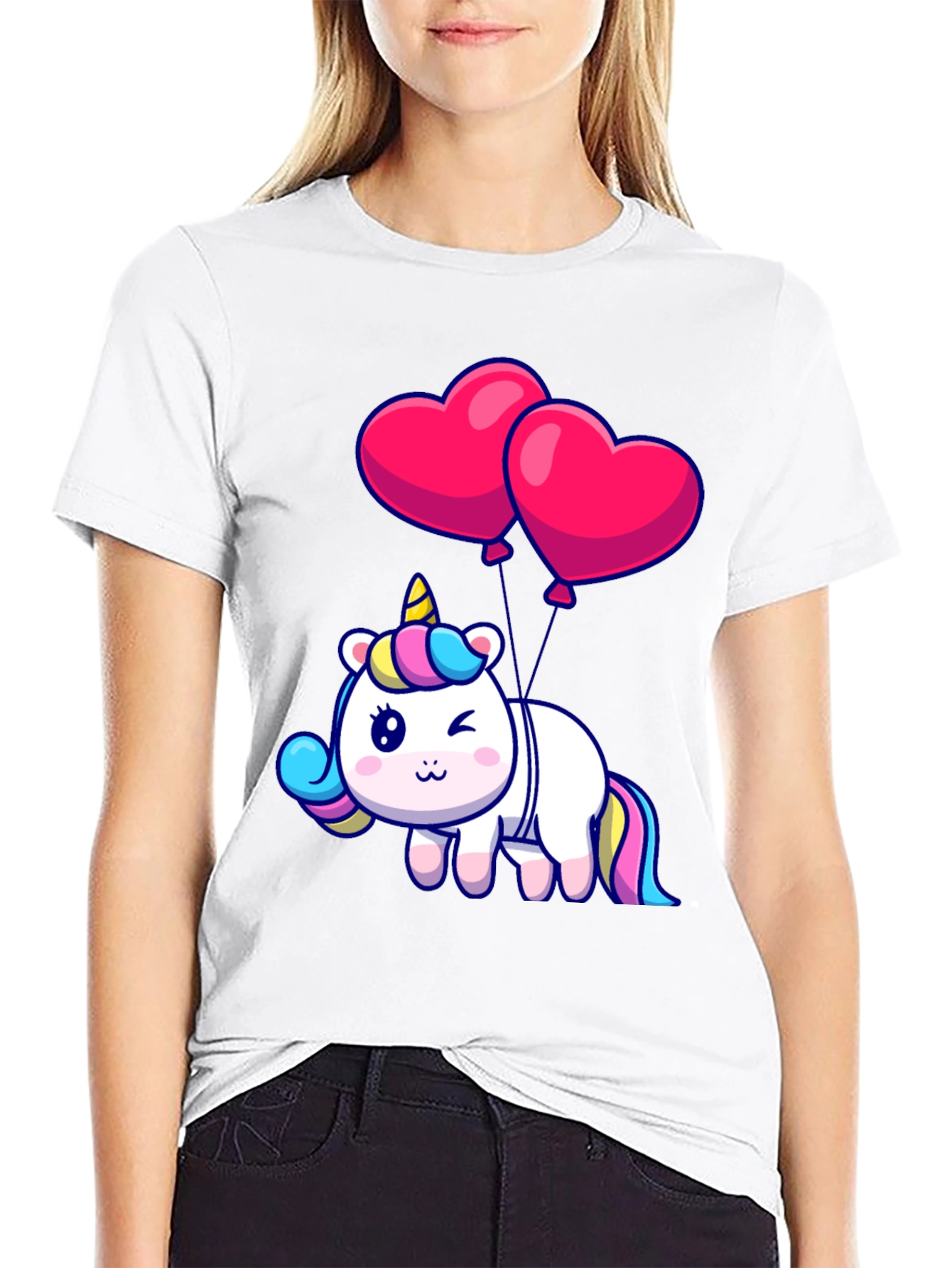 Unicorn with Heart Balloons Graphic Tee