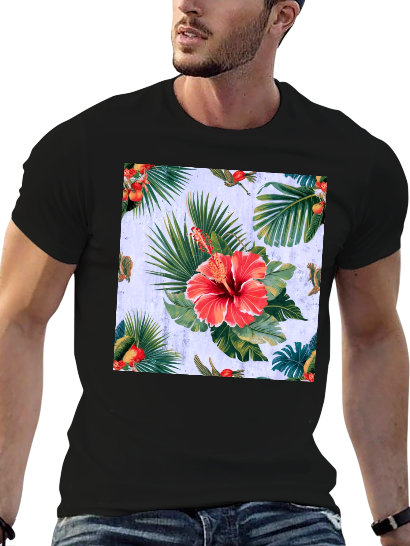 Tropical Hibiscus Print Black T-Shirt