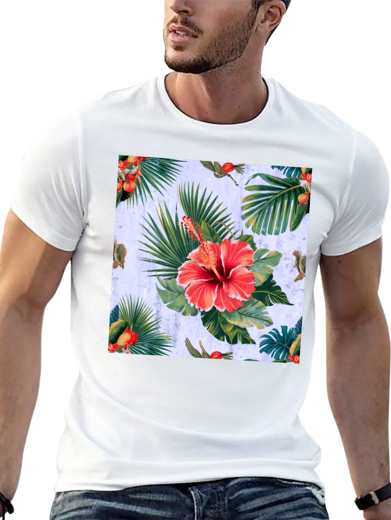 Tropical Hibiscus Print Black T-Shirt