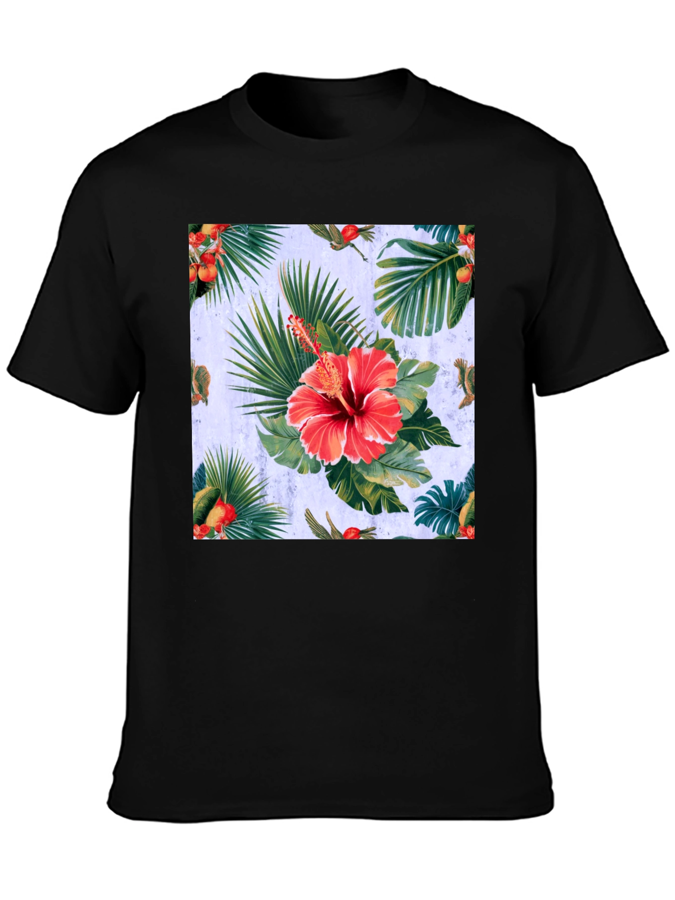 Tropical Hibiscus Print Black T-Shirt