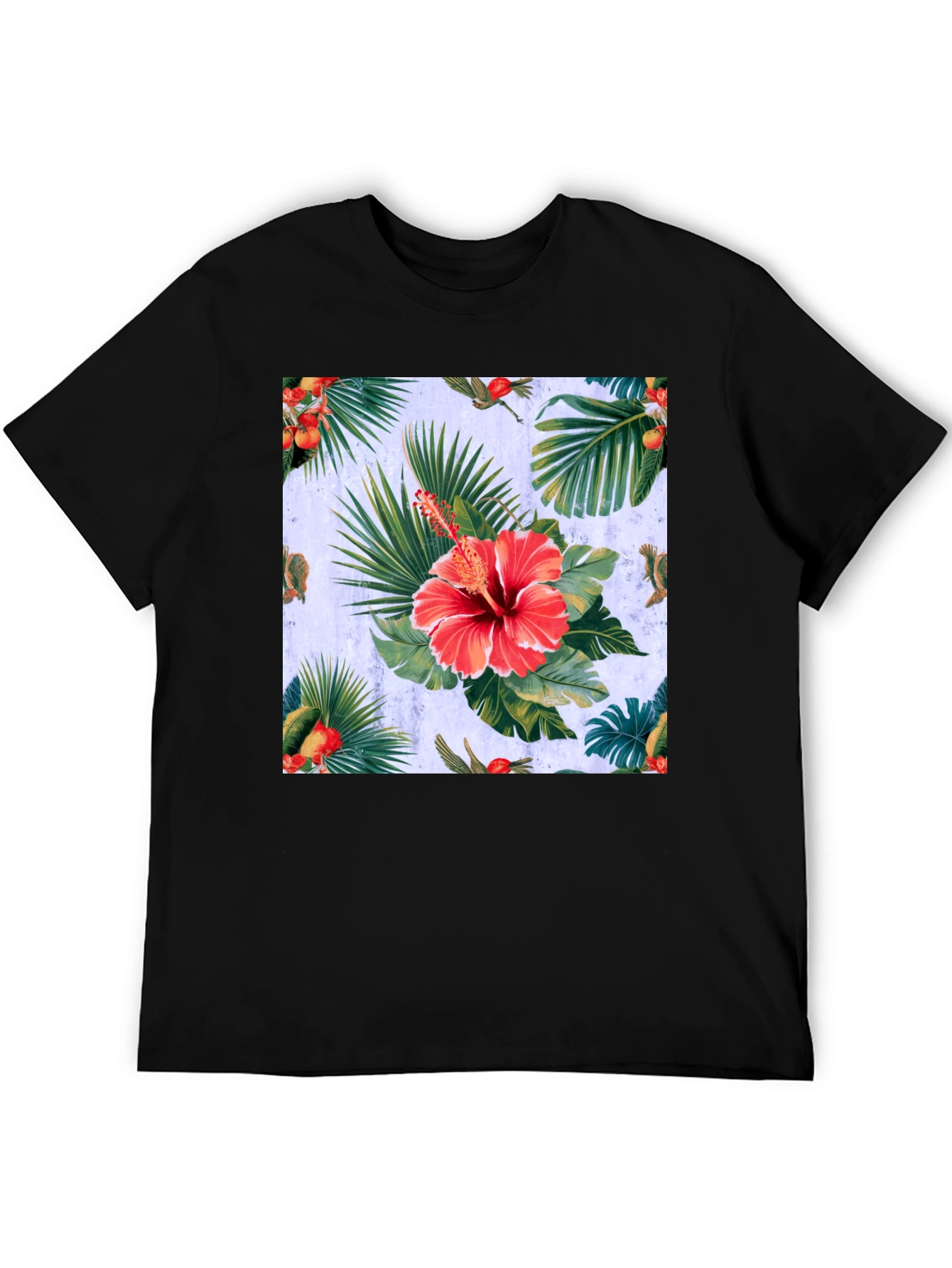 Tropical Hibiscus Print Black T-Shirt