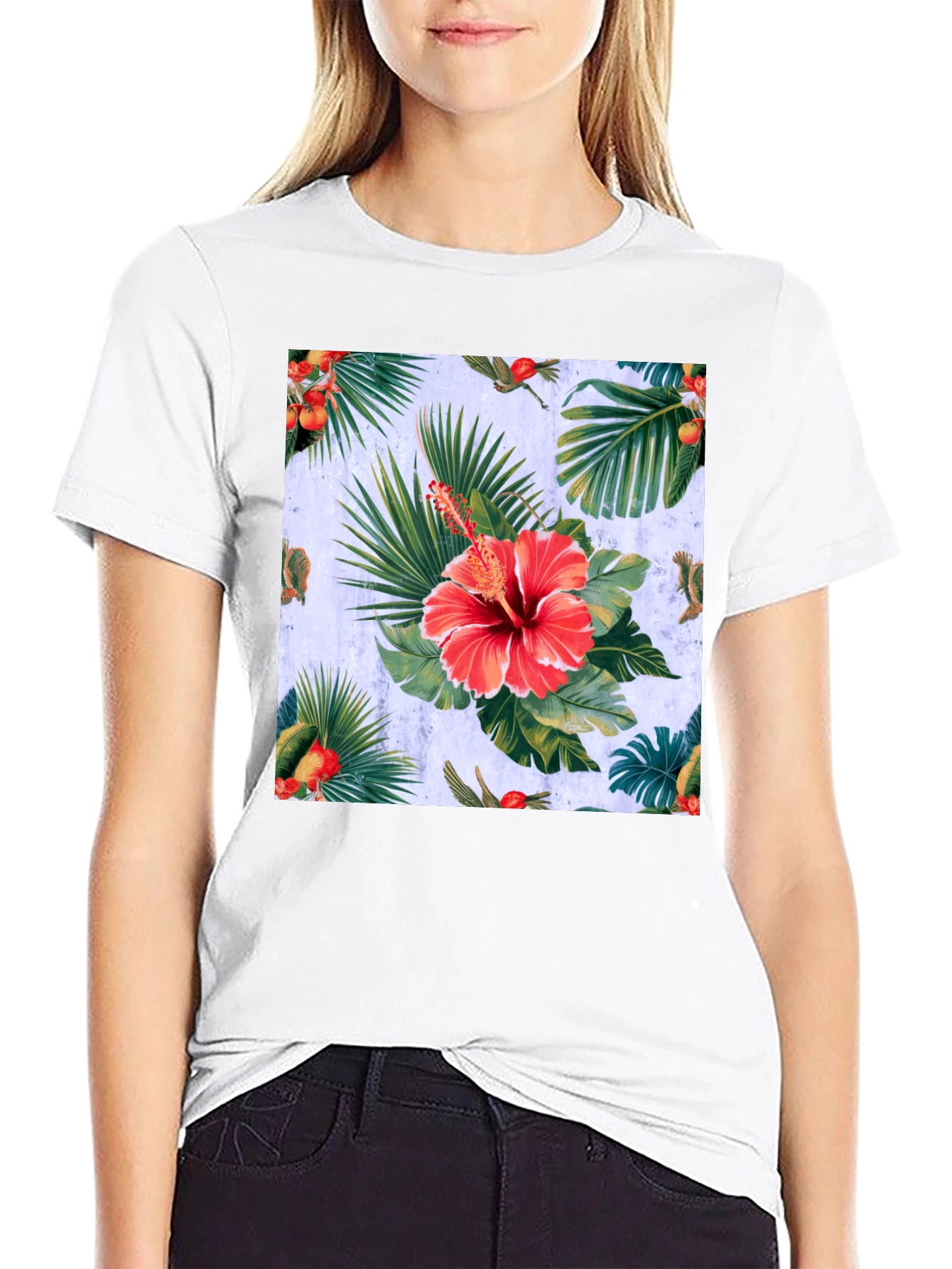 Tropical Hibiscus Print Black T-Shirt