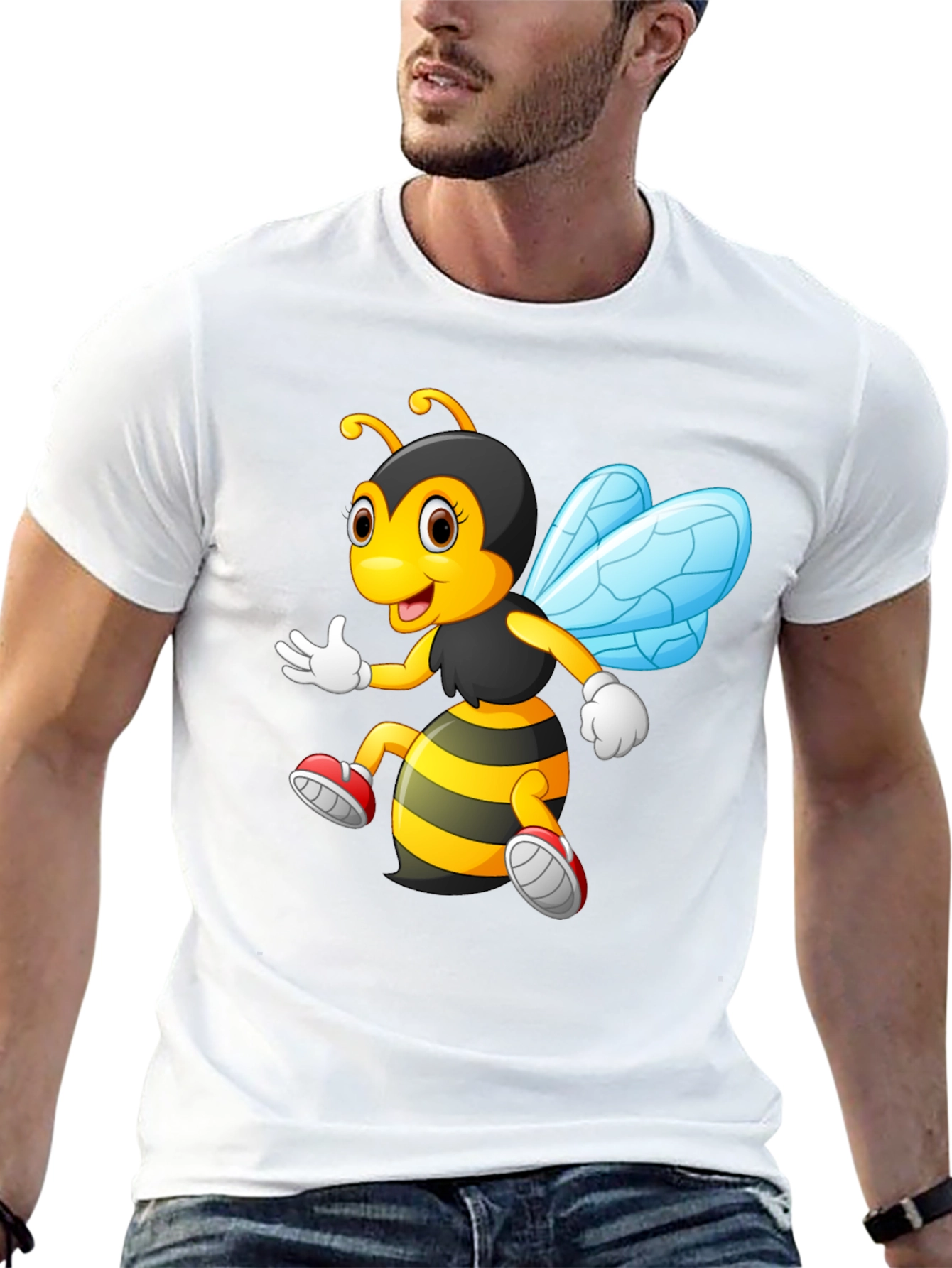 Cartoon Bee Graphic T-Shirt - Black Crew Neck