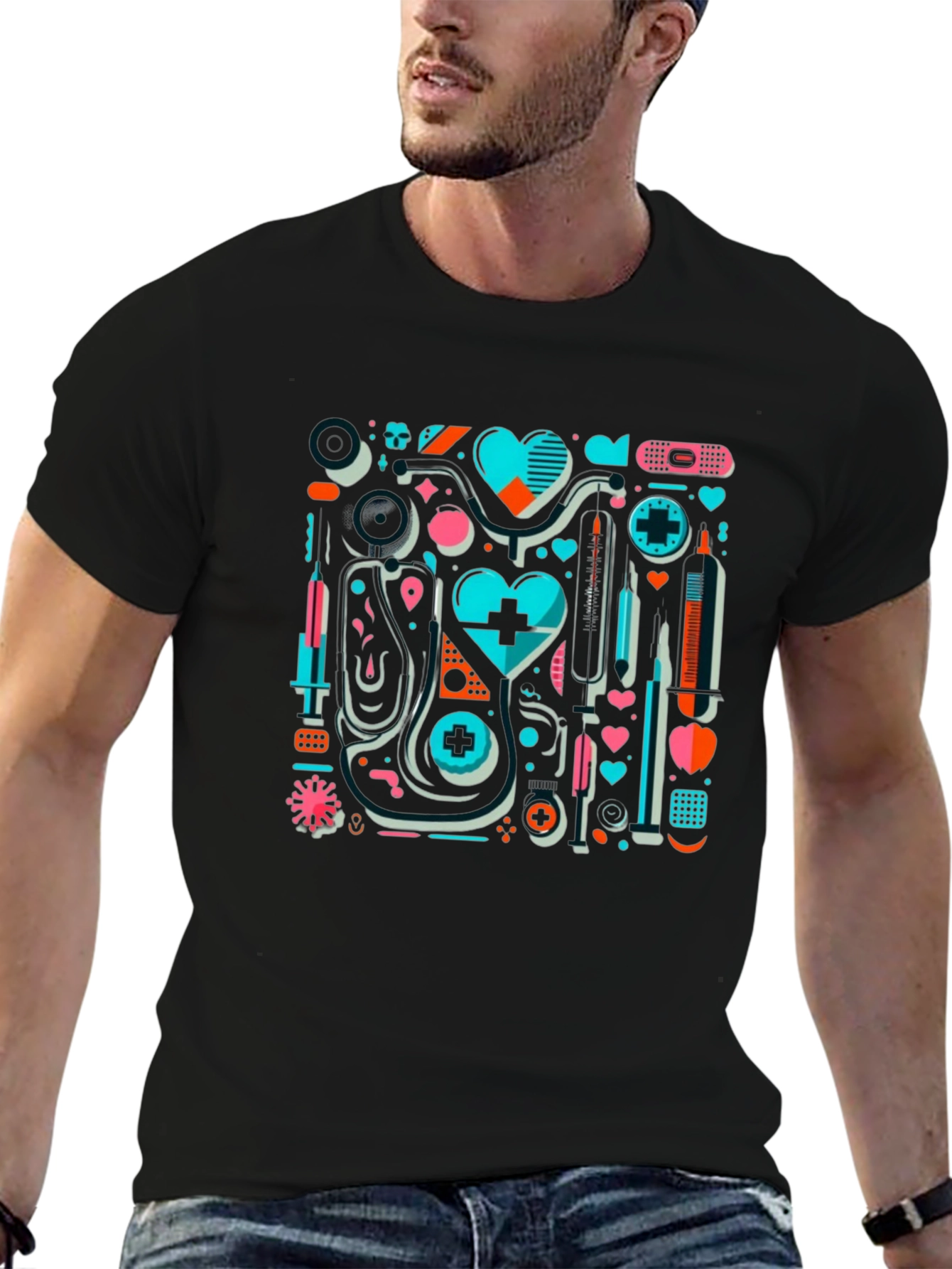 Medical Themed Graphic Print Black T-Shirt