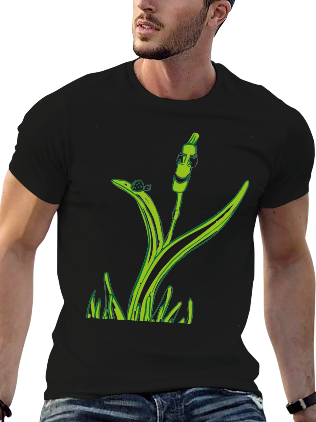 Unique Green Plant Graphic Tee - Black Cotton Blend