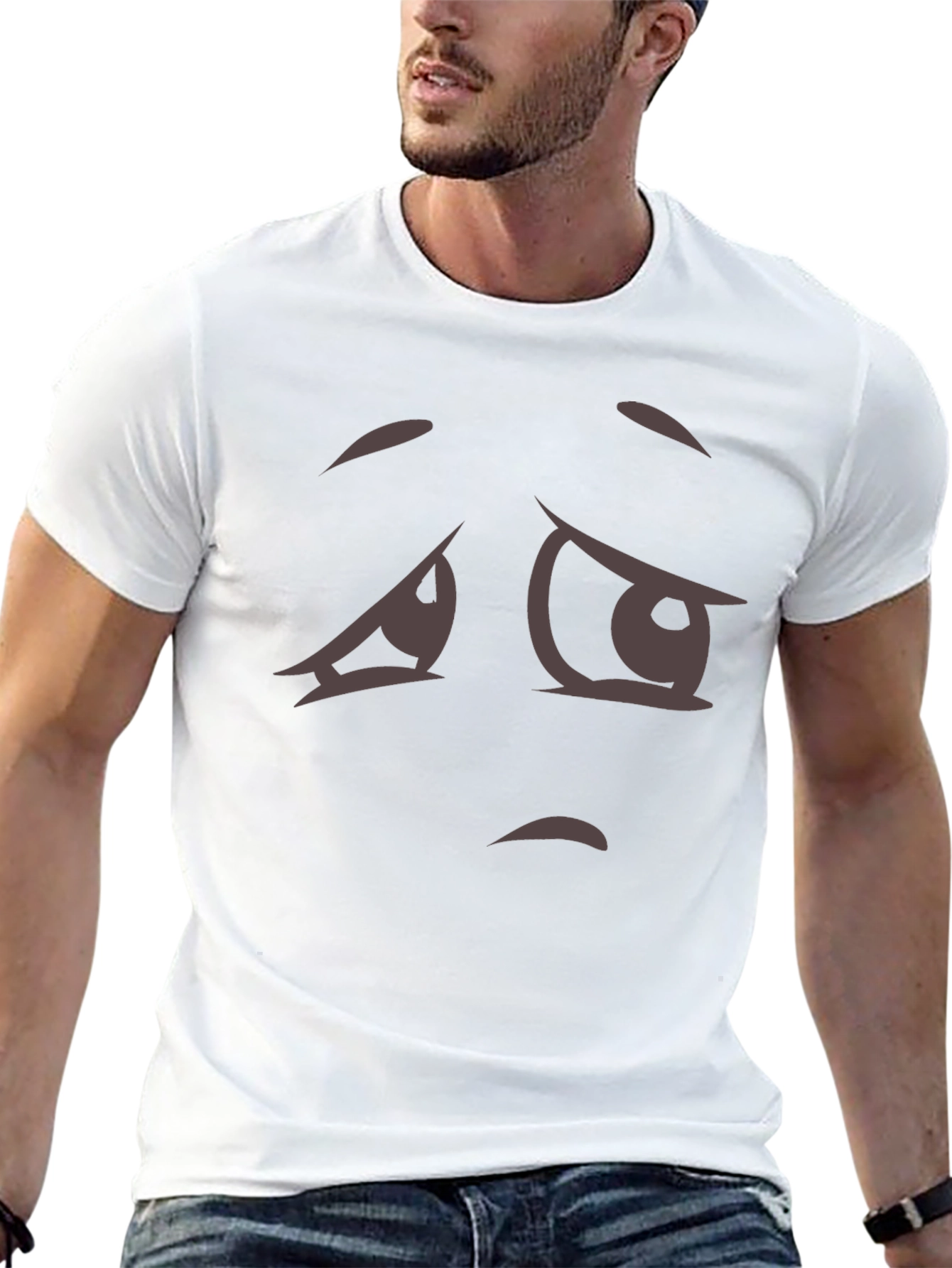 Expressive Sad Face Graphic Tee - Soft Cotton Blend
