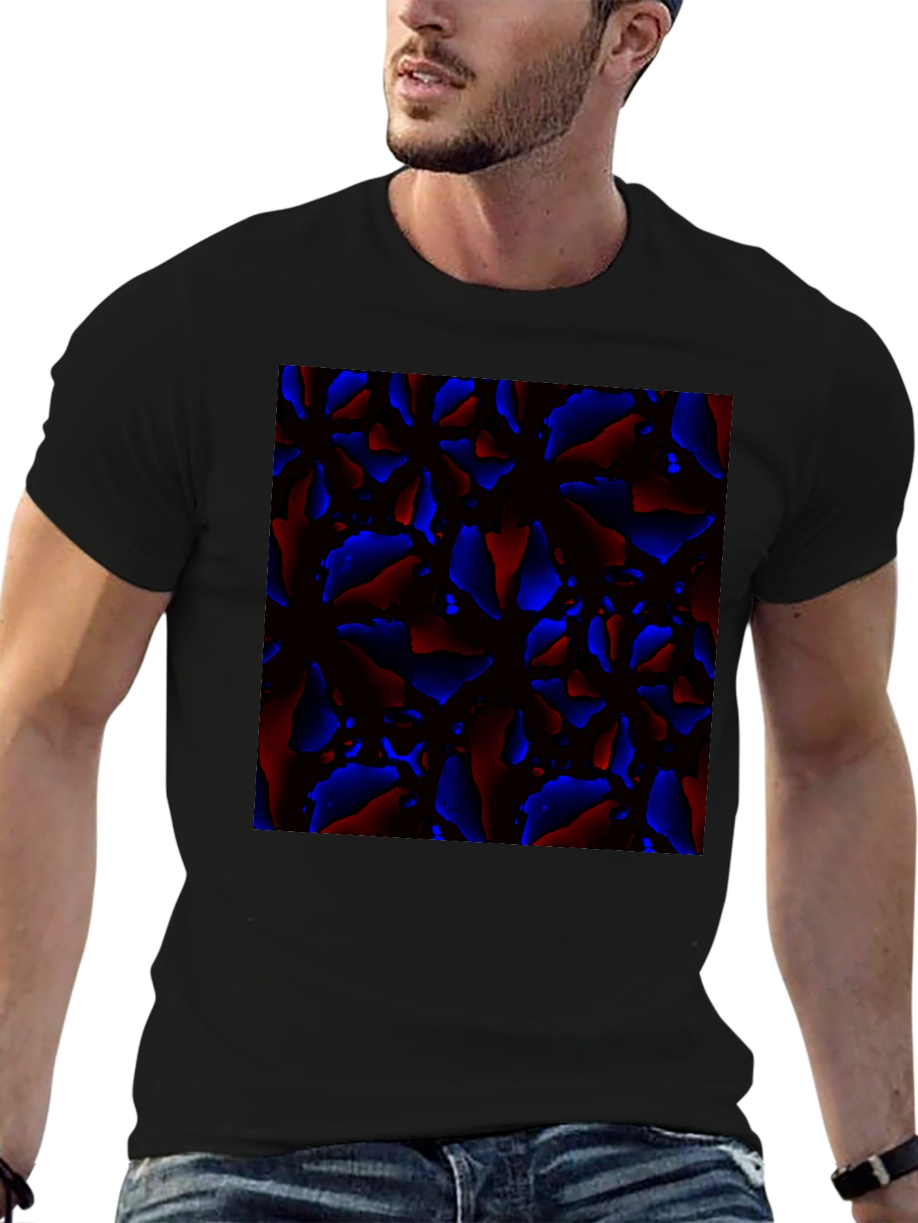 Abstract Red and Blue Patterned Black T-Shirt